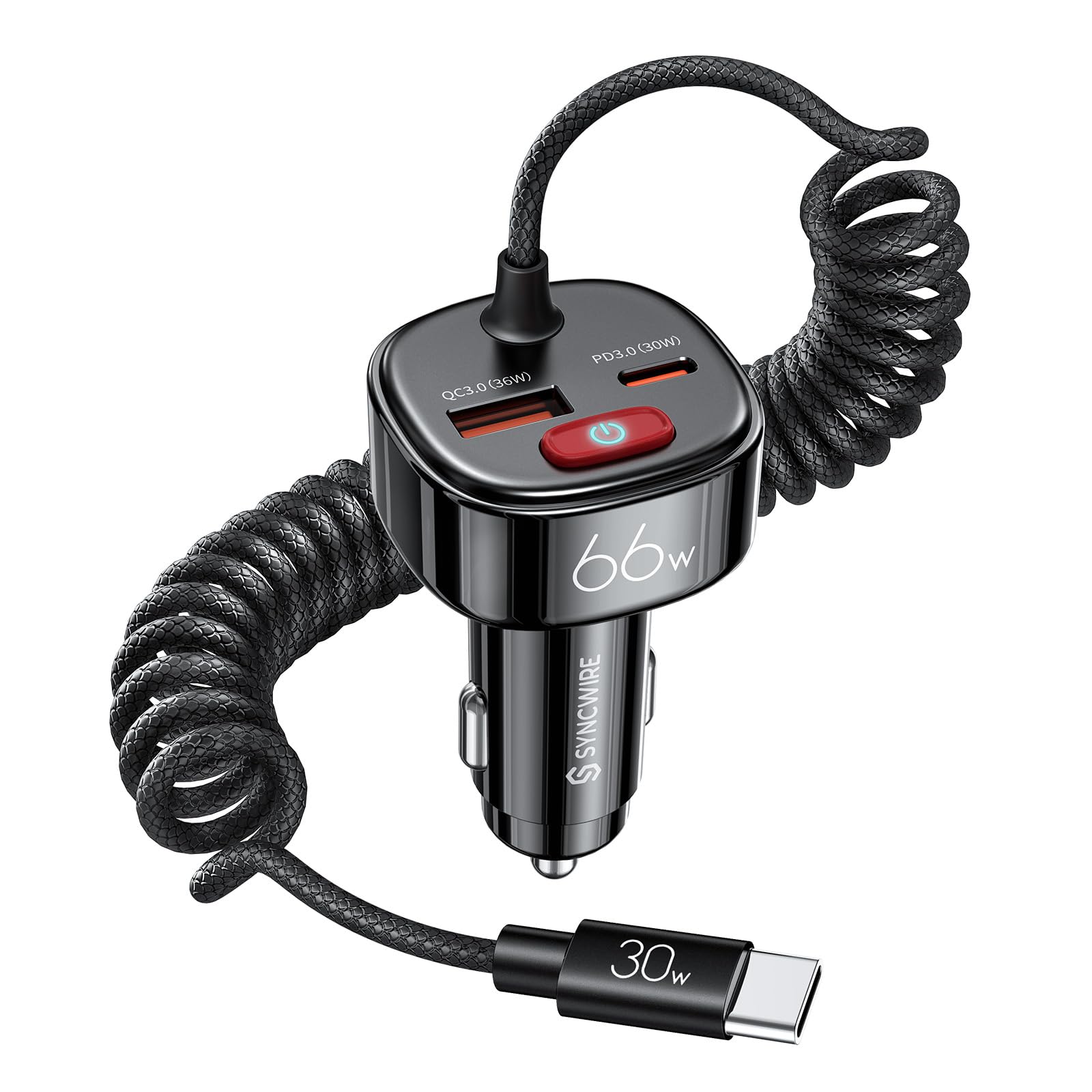 Syncwire 66W Car Charger with Coiled Cable