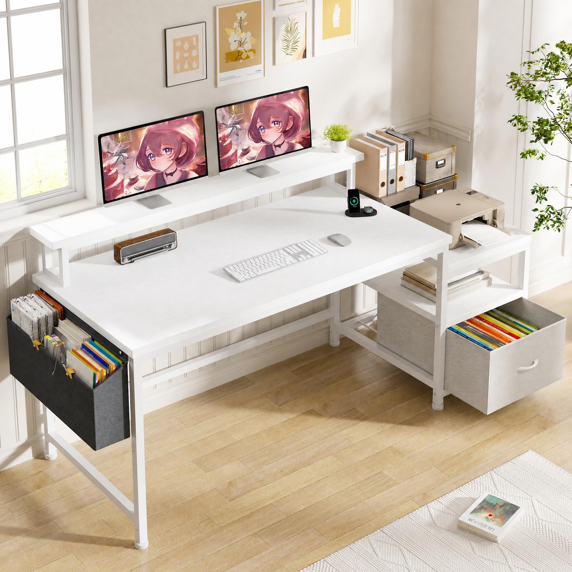 EnHomee 56.5-Inch Desk with Drawers and Printer Space