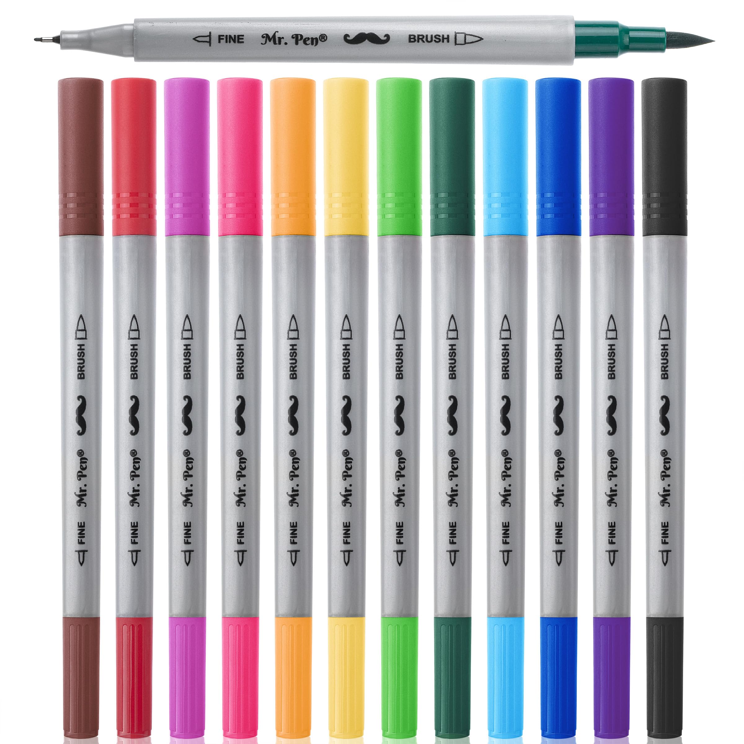 Mr. Pen Dual Tip Brush Pens, 12 Colors