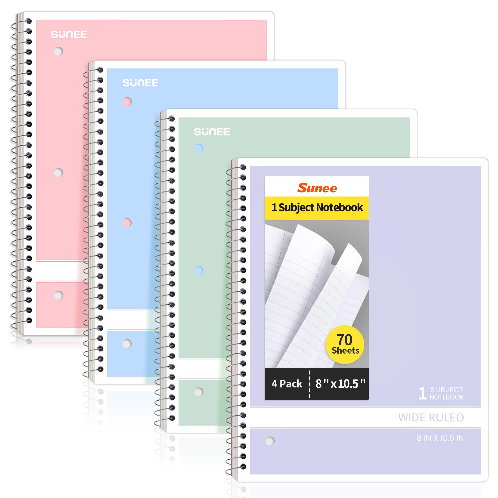SUNEE Wide-Ruled Spiral Notebooks, 4-Pack