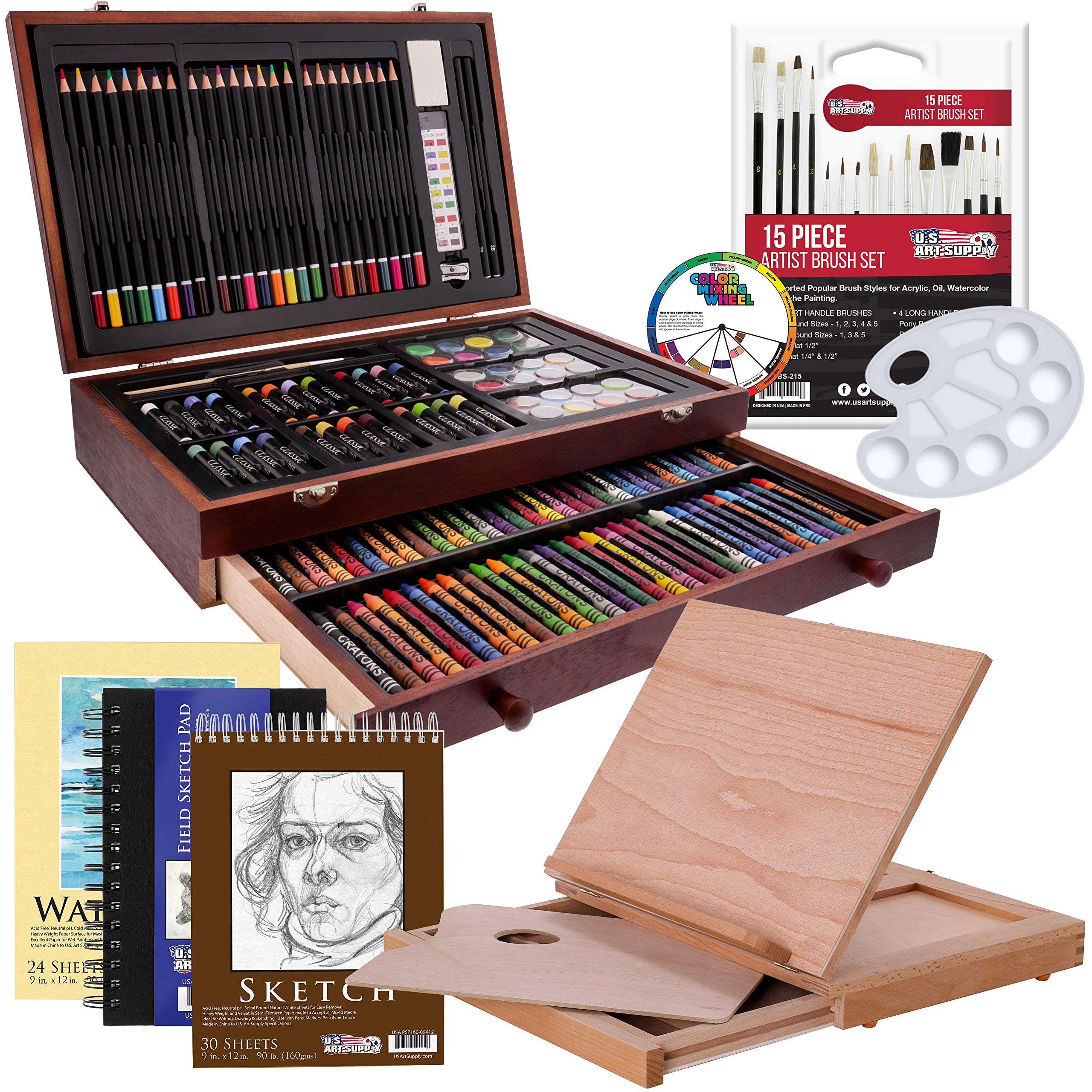 U.S. Art Supply 163-Piece Mega Wood Box Artist Kit with Easel