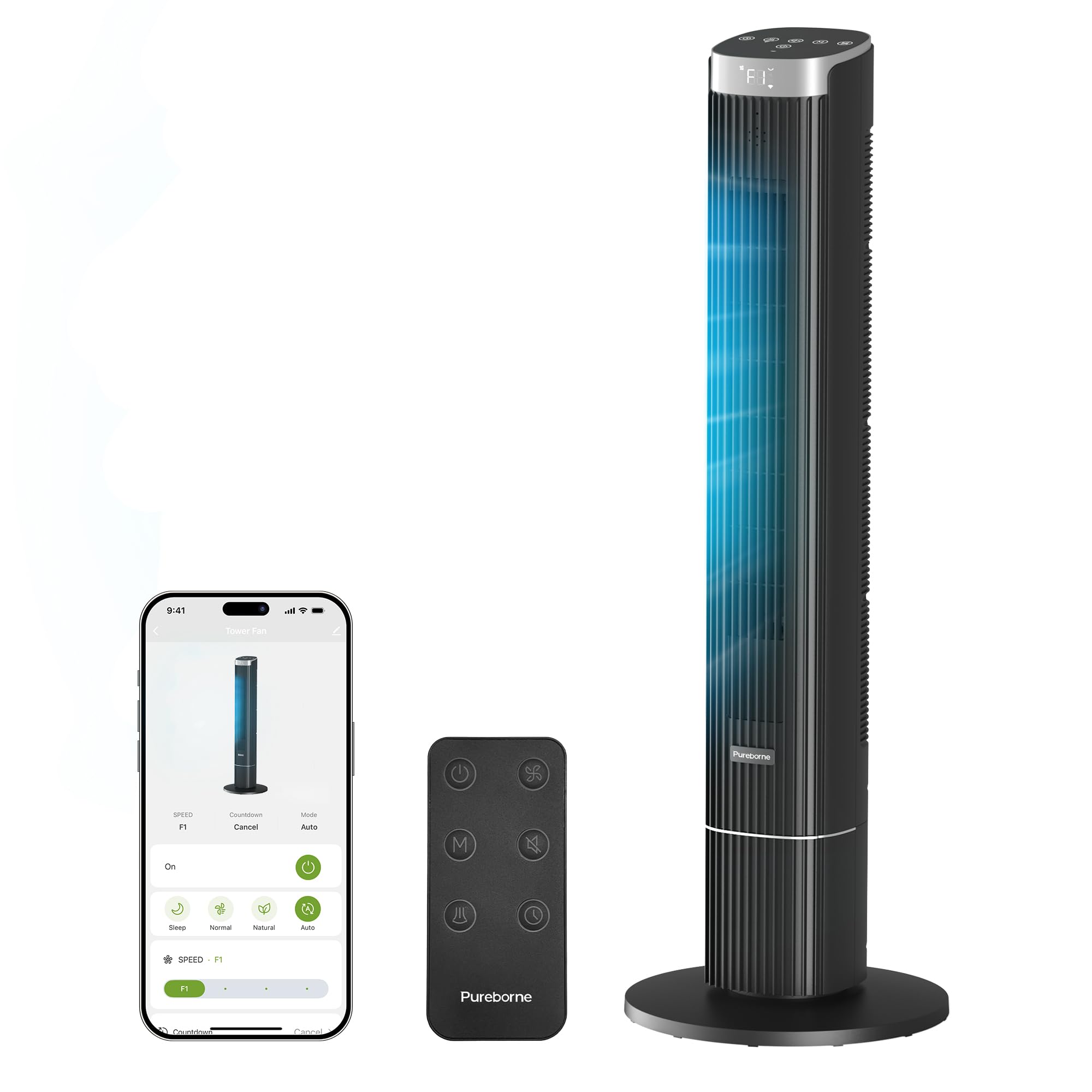 Pureborne 42-Inch Smart Tower Fan, Black