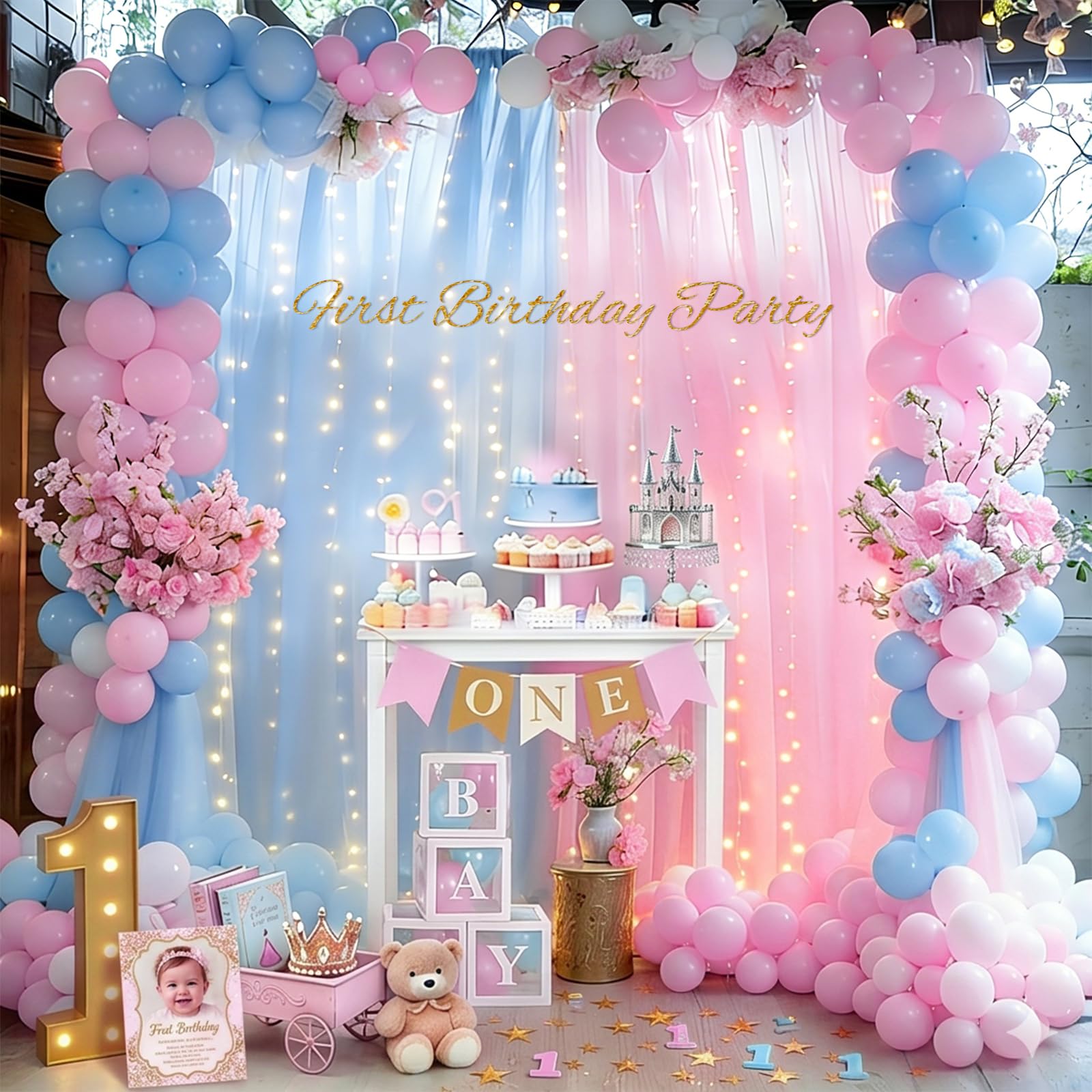 Gallety Blue and Pink Tulle Backdrop with Lights