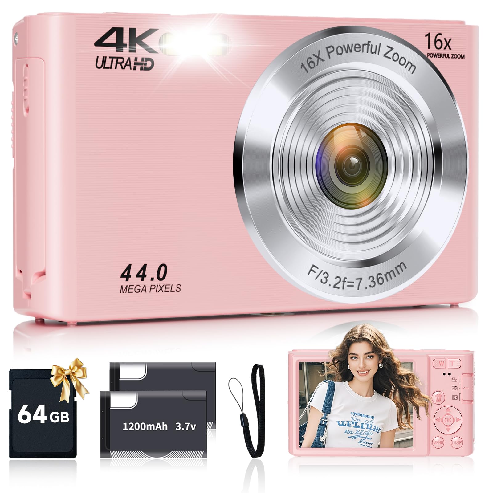 44MP 4K Autofocus Digital Camera, Pink