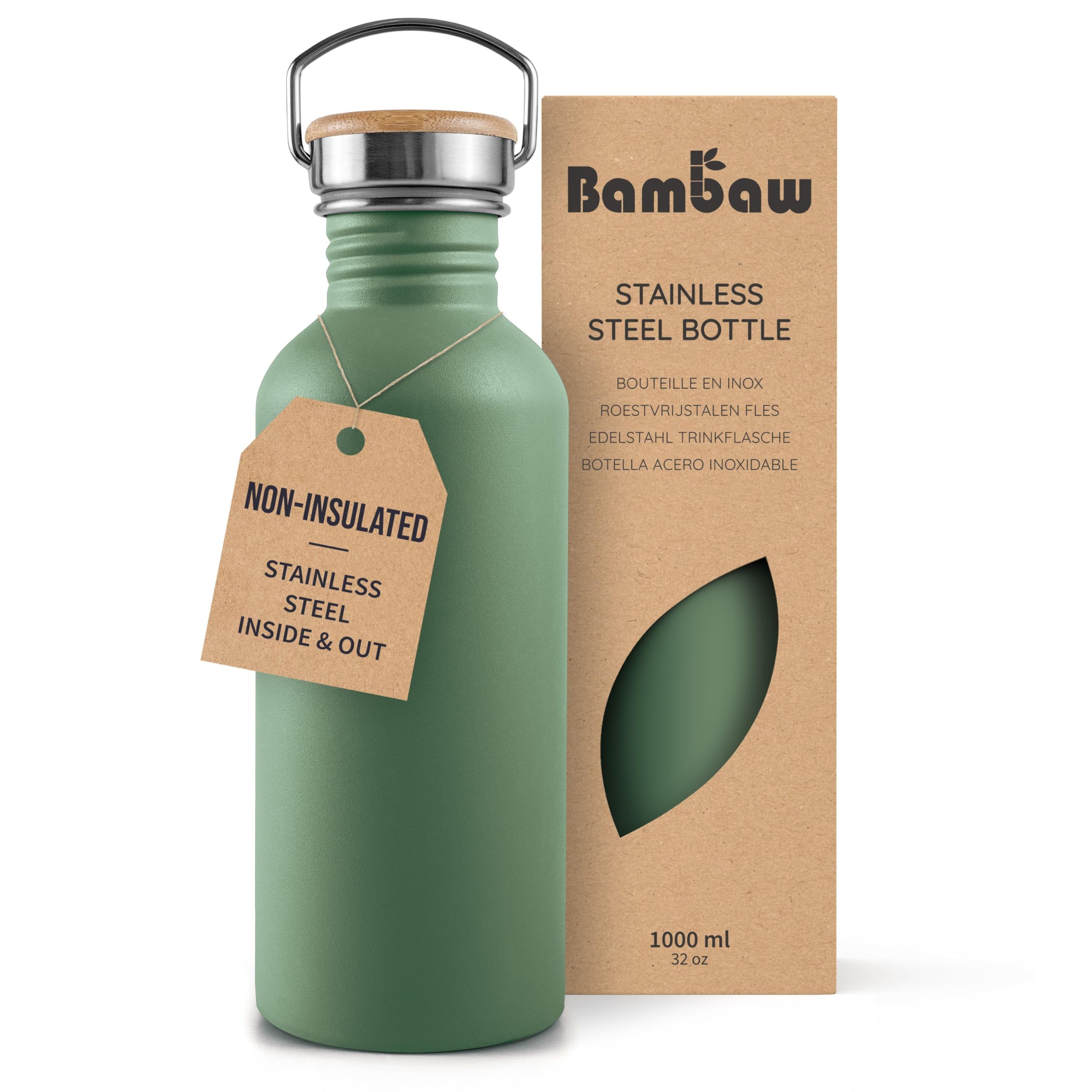 Bambaw Stainless Steel Water Bottle, Sage Green/Grey