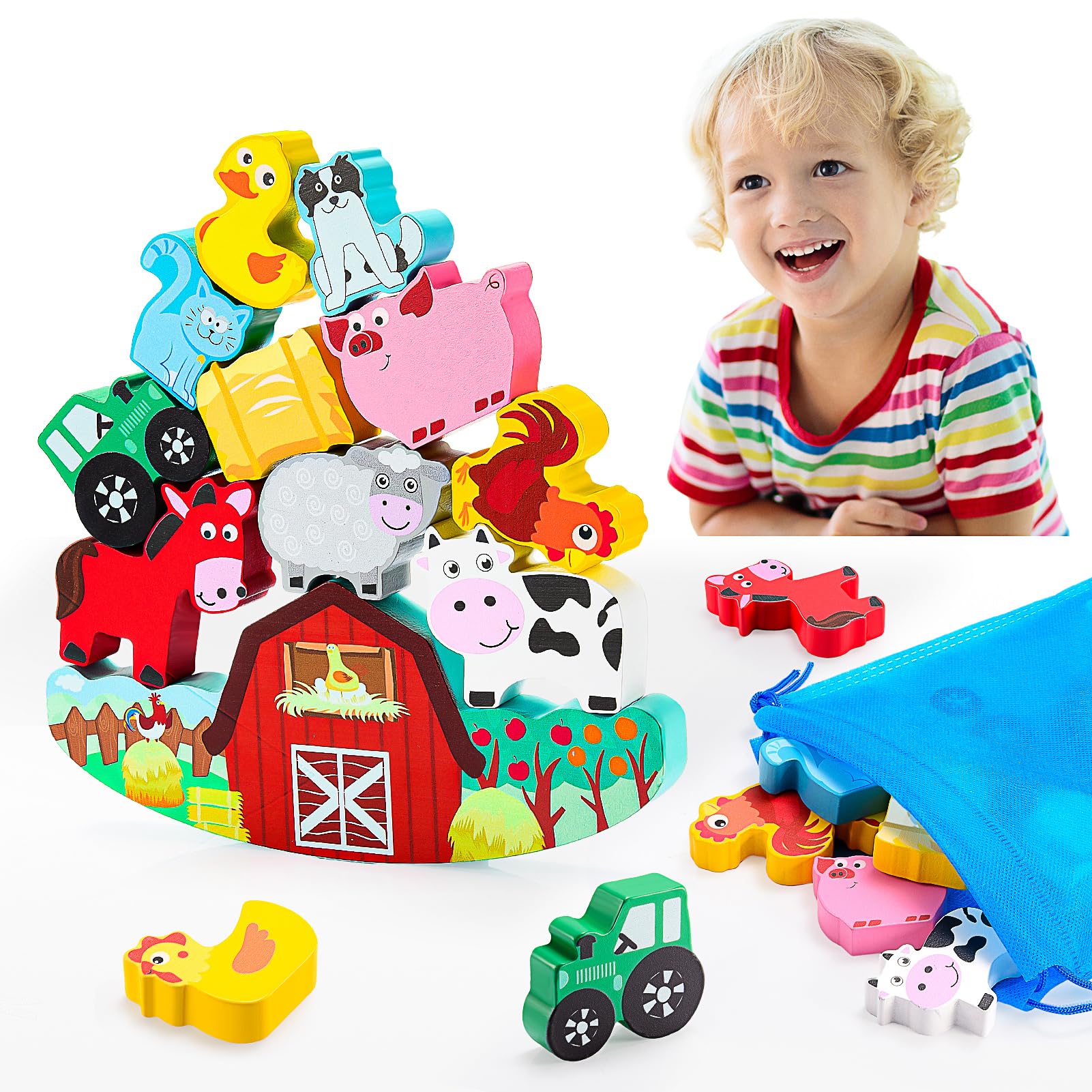 IPOURUP Wooden Farm Animal Stacking Blocks