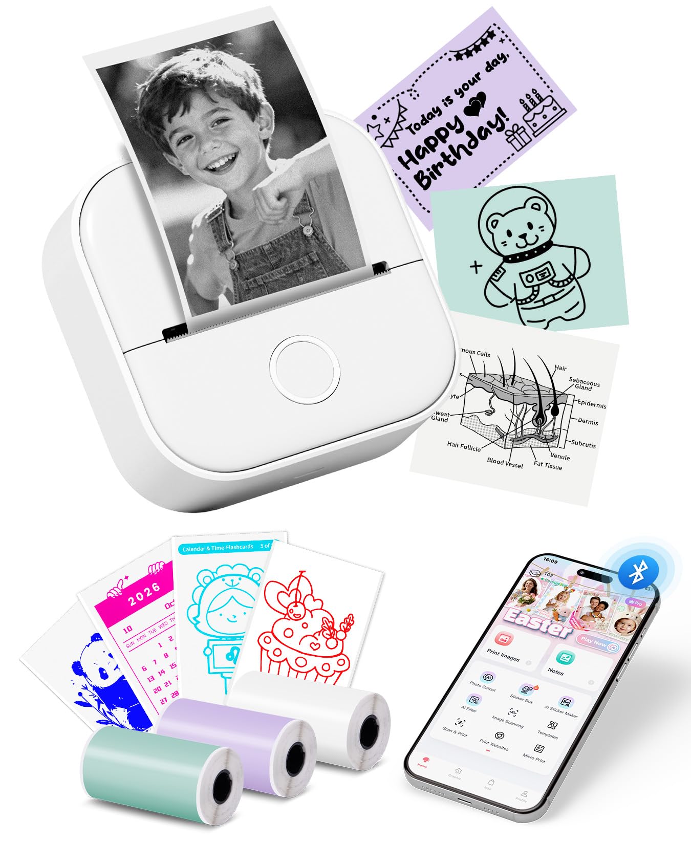 Memoking Mini Printer - Sticker Printer T02 Portable Thermal Inkless Sticker Maker Machine, Bluetooth Pocket Labeler for Study Graphics, Anatomical Diagrams, Photos, Receipts, DIY,Gift