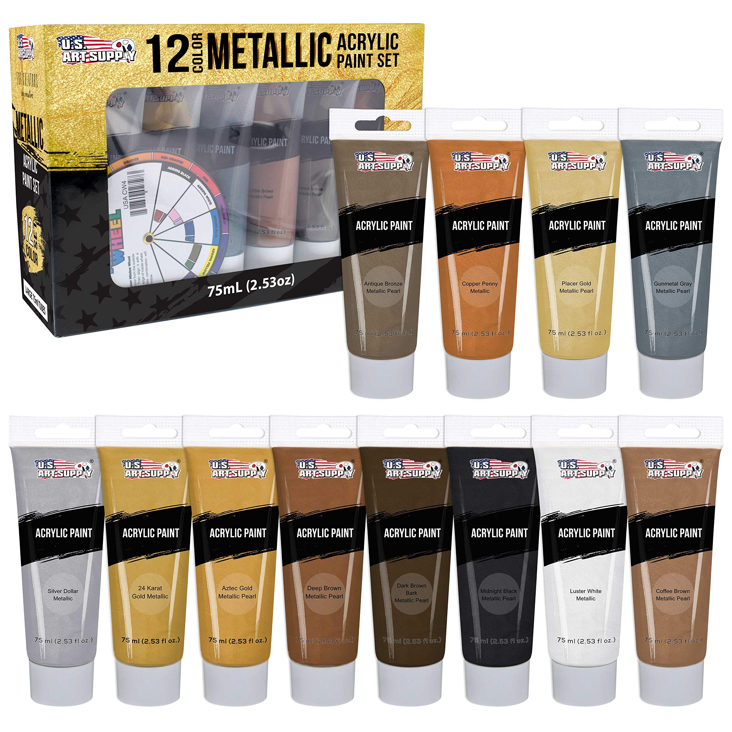 U.S. Art Supply 12-Color Metallic Acrylic Paint Set
