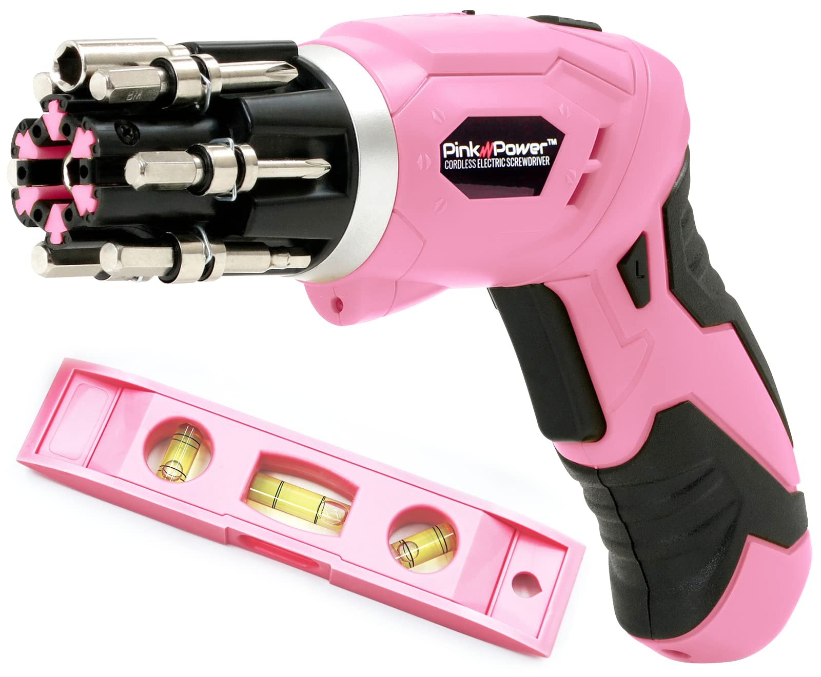 Pink Power Cordless Screwdriver with Level
