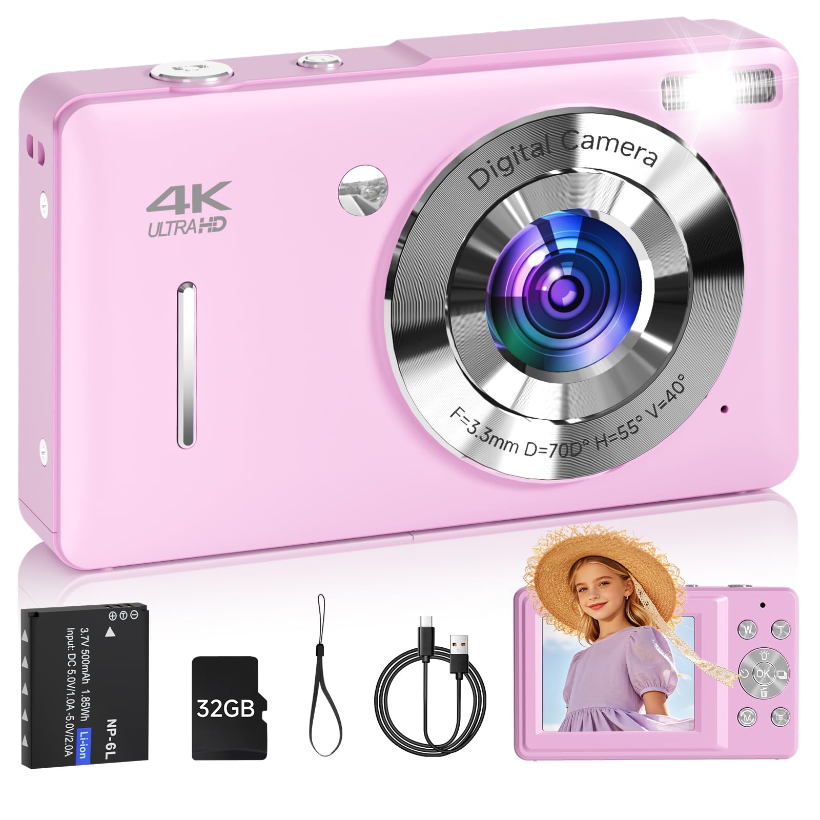 Digital Camera, FHD 1080P 44MP Point and Shoot Digital Camera with Face Detect, Smile Capture, 16X Zoom, 20 Filters, Anti Shake, 32GB SD Card Purple Compact Vintage Camera for Kids Boys Girls Teens