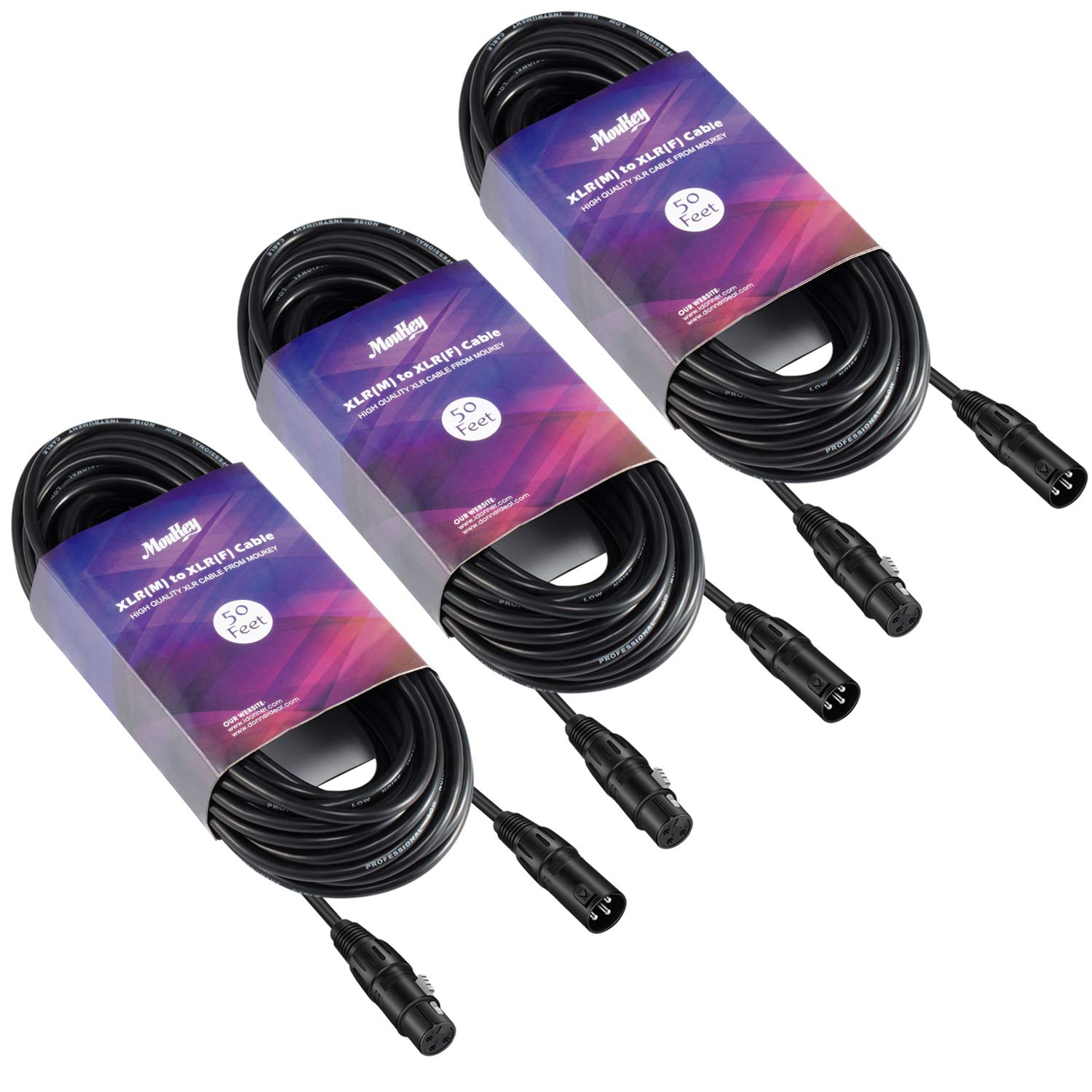 Moukey XLR Microphone Cables, 50ft 3-Pack