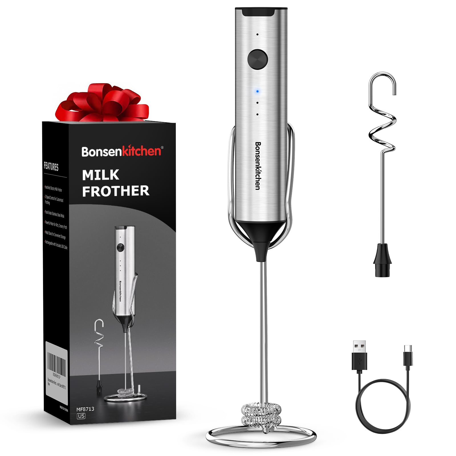 Bonsenkitchen Rechargeable Frother with Stand