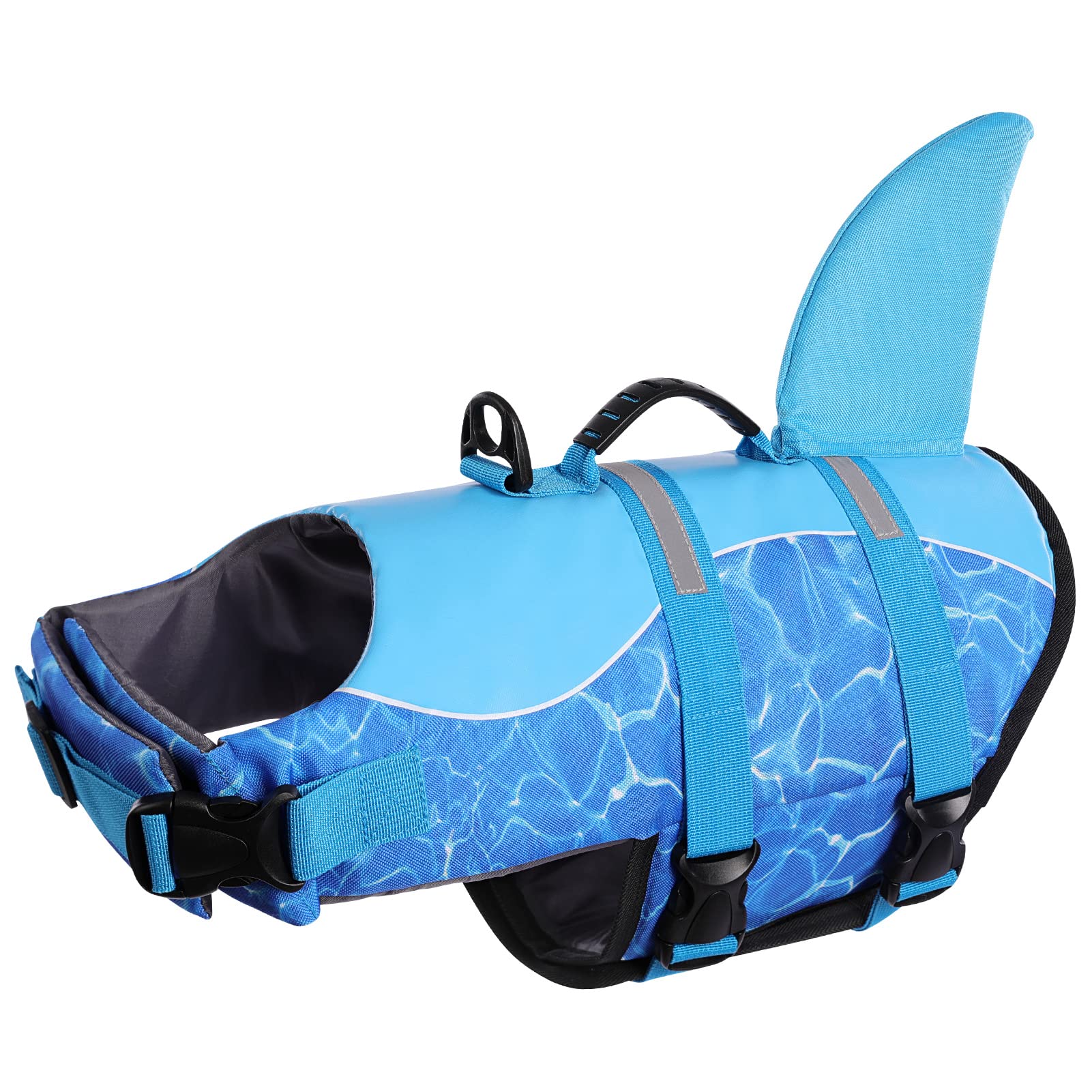 Queenmore Shark Dog Life Jacket, High Buoyancy Swimming Vest, Adjustable Easy-On Dog Life Jackets for Dogs (Blue, XS)