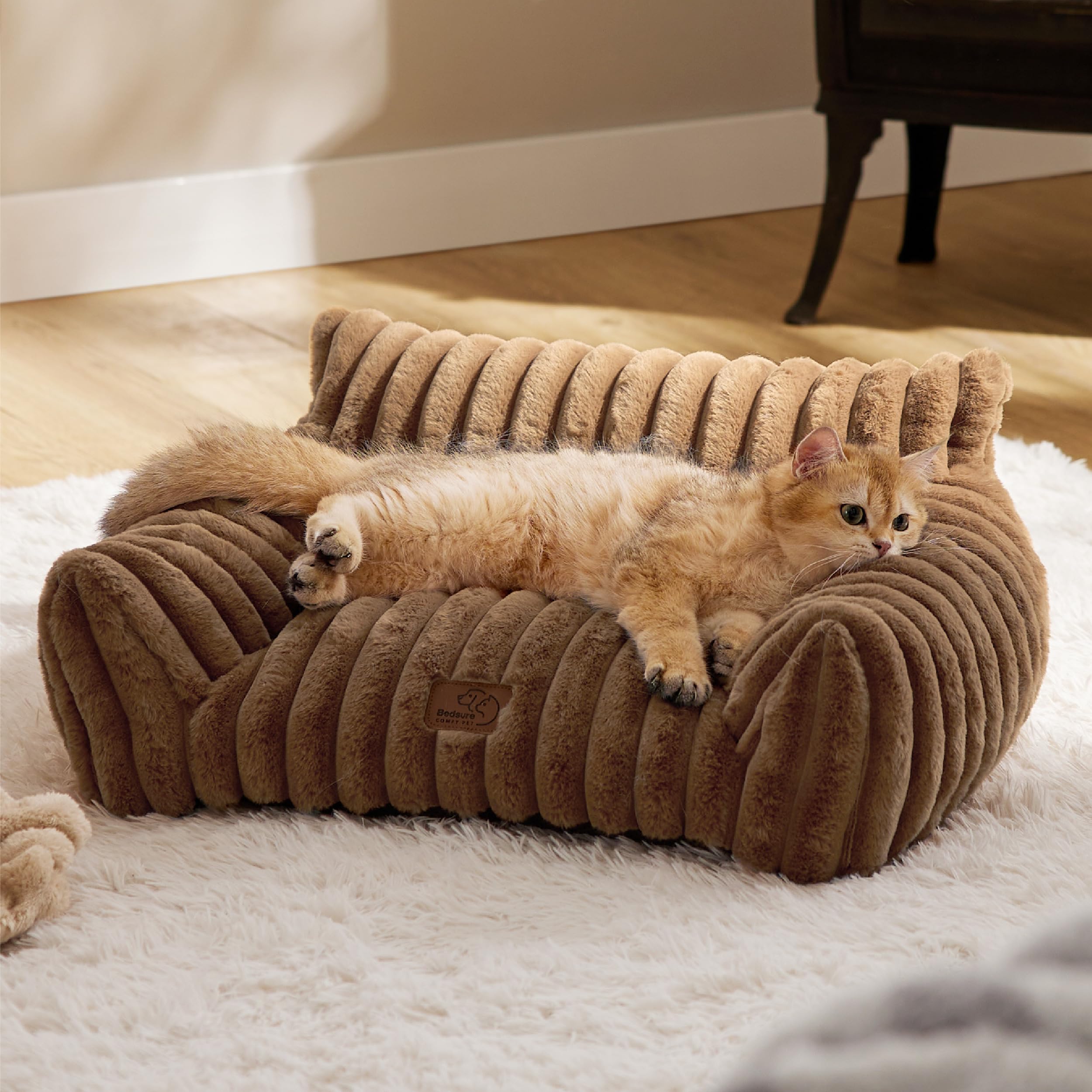 Bedsure ComfyFleece™ Shown on TV Fluffy Cat Couch for Pets,24in Camel Brown | Cat Beds for Indoor Cats,Supportive Pet Sofa,Dog Couch Bed Seen on Good Day New York,Removable Washable Cover,Up to 10 Lbs
