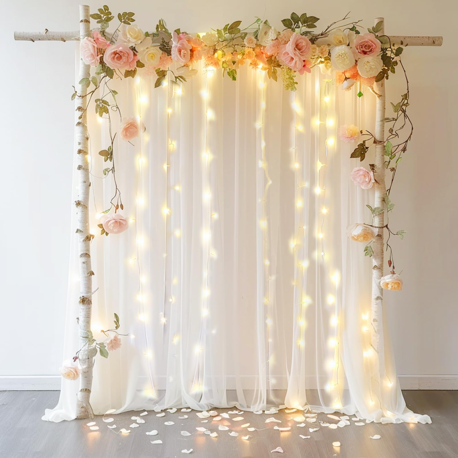 Gallety White Tulle Backdrop with Lights