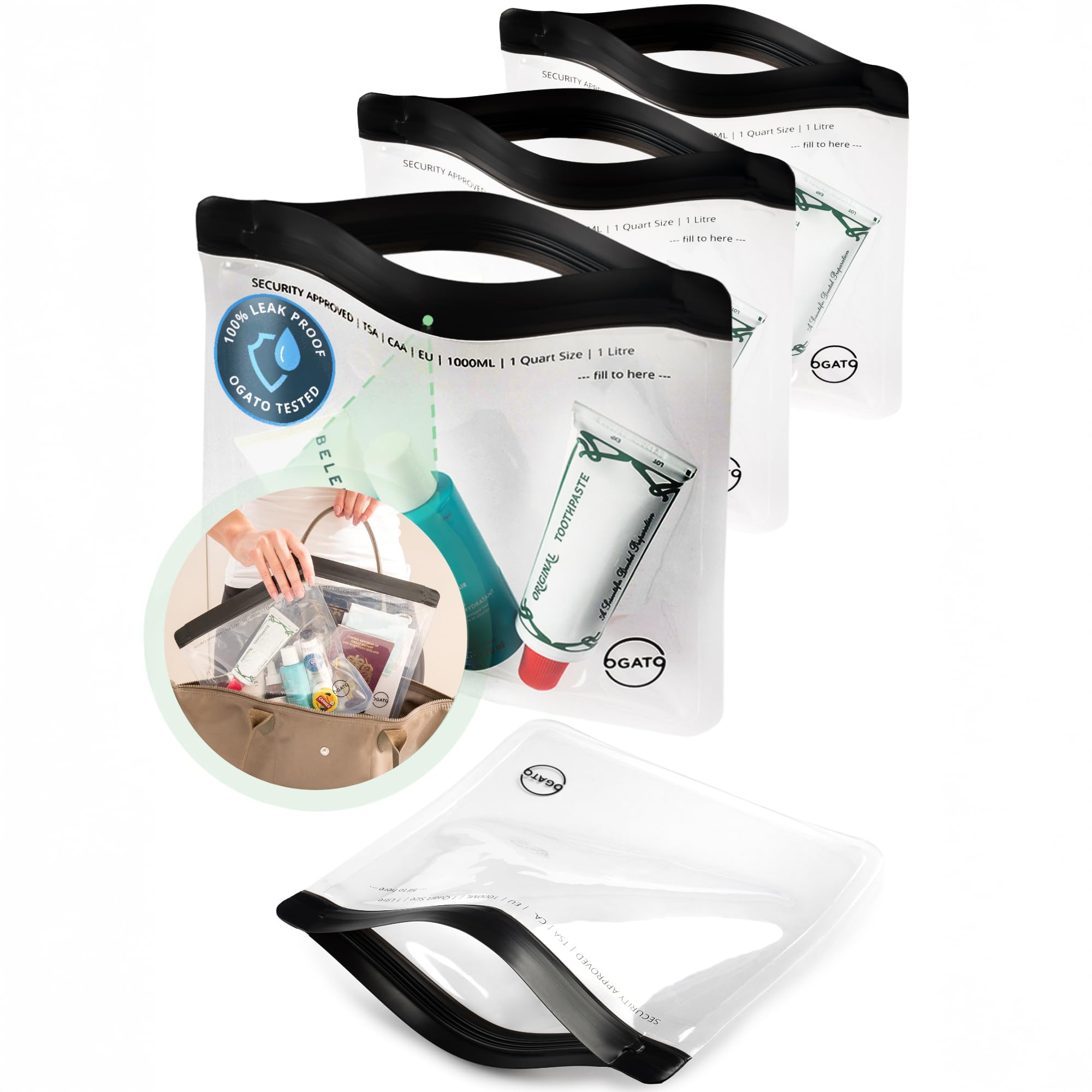 Ogato Clear TSA-Approved Toiletry Bags, 3-Pack