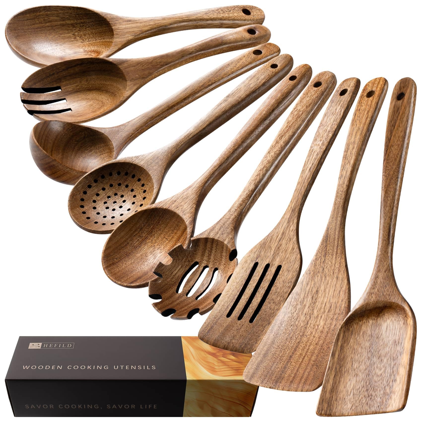 Hefild 9-Piece Acacia Wood Utensil Set
