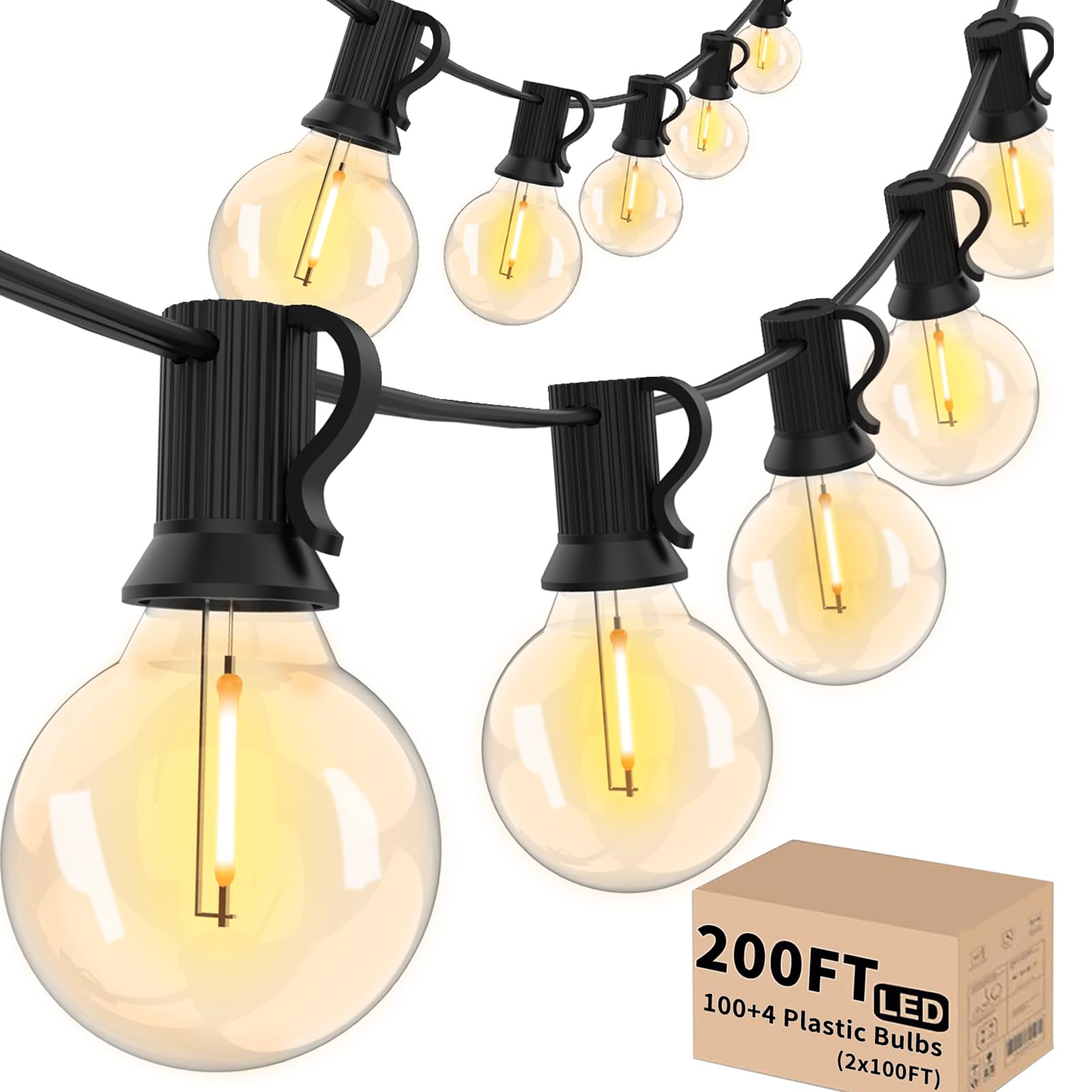 Svater Outdoor String Lights 200 FT, Patio Lights with 104 Shatterproof LED Bulbs, Commercial Grade Waterproof Plastic Hanging Light for Bistro Backyard Cafe Market, Warm White 2700K (2 X 100 FT)