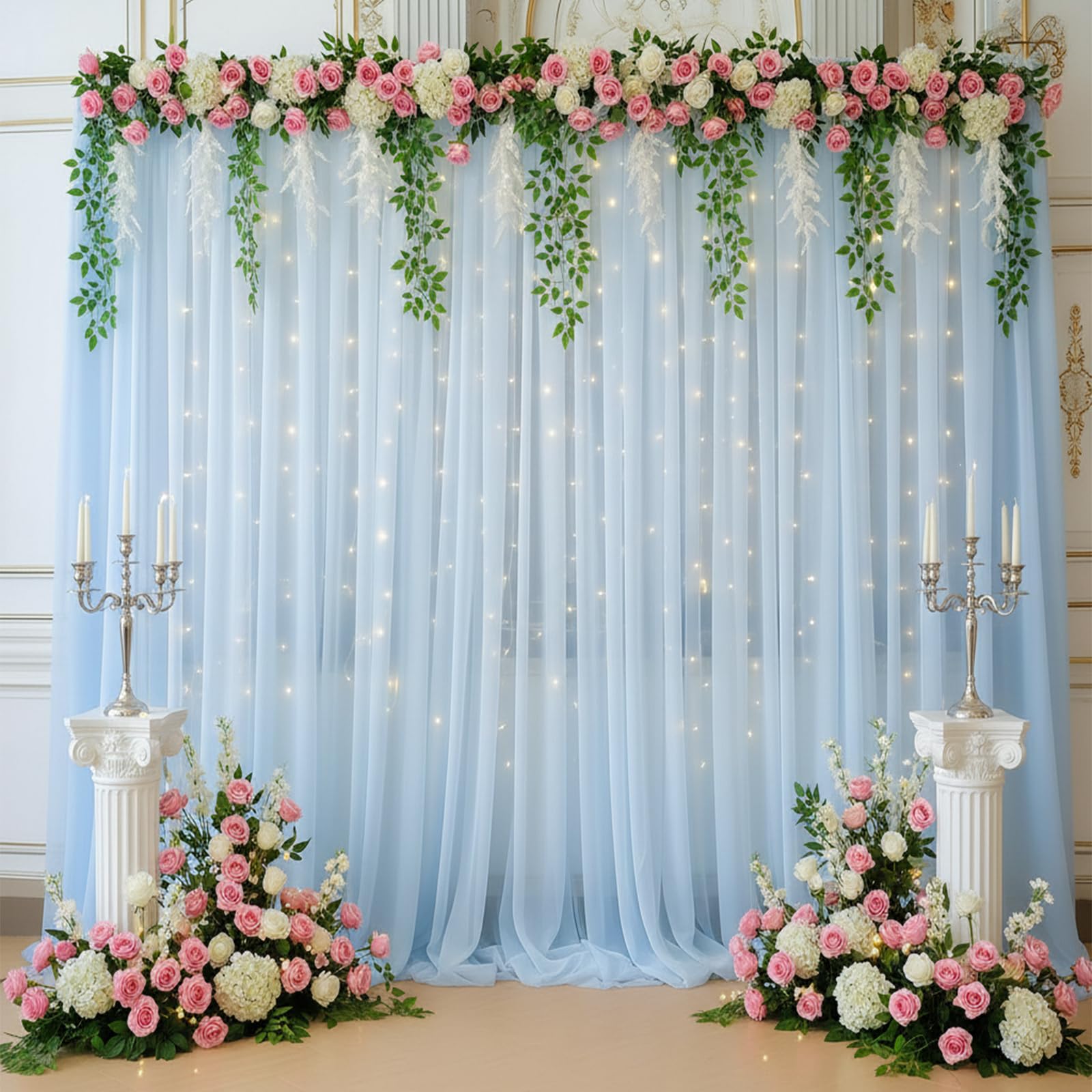 Gallety Baby Blue Tulle Backdrop with Lights