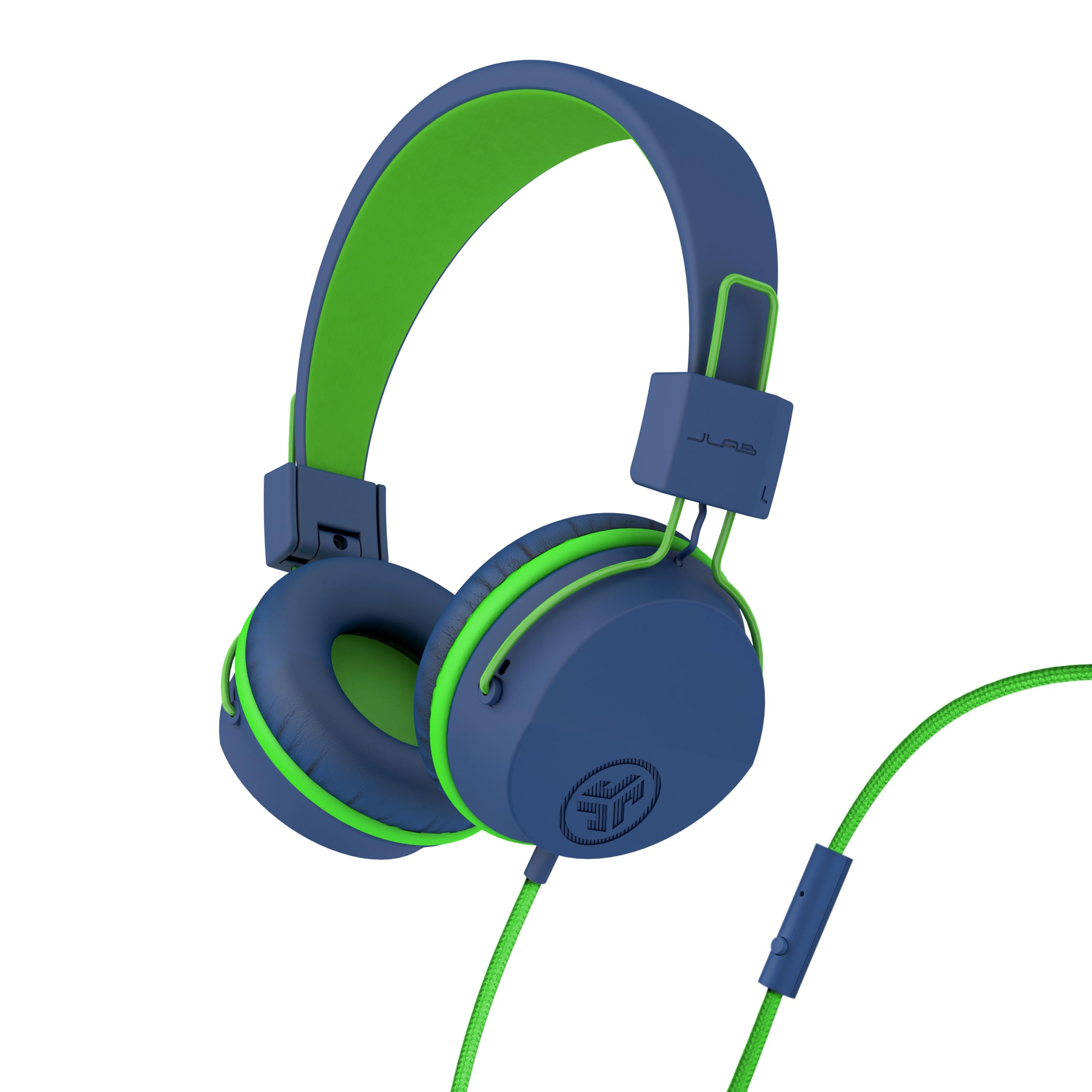 JLab JBuddies Studio Kids on-Ear Wired Headphones with mic, Volume Limiter, Folding, Adjustable, Noise Isolation, Blue/Green