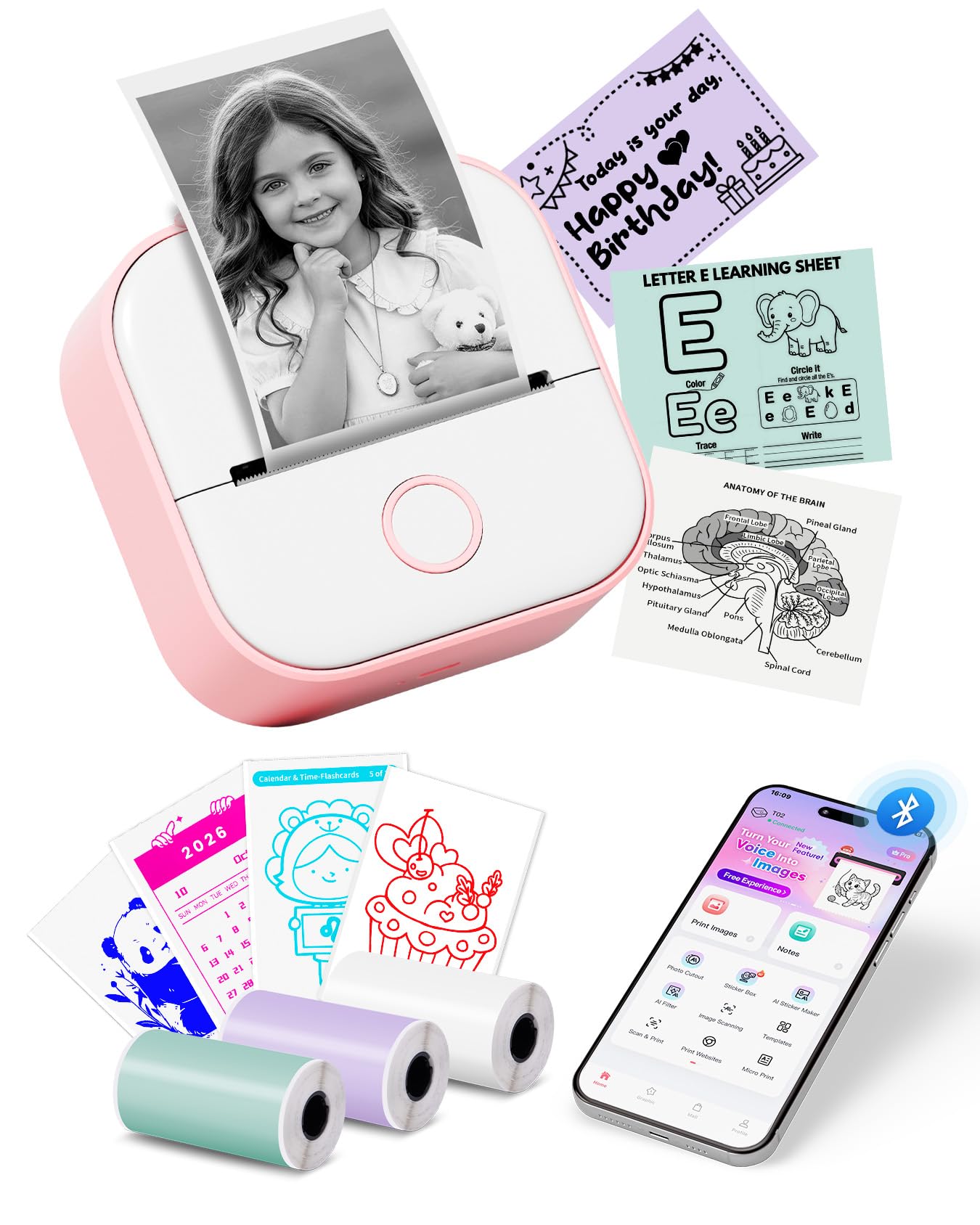 Sticker Printer - T02 Mini Printer Gifts for Teen Girls, Sticker Maker Machine Mini Thermal Printer Portable Label Printer Bluetooth Photo Printer Print Pods Sticker Box for Study Note, Journaling,DIY