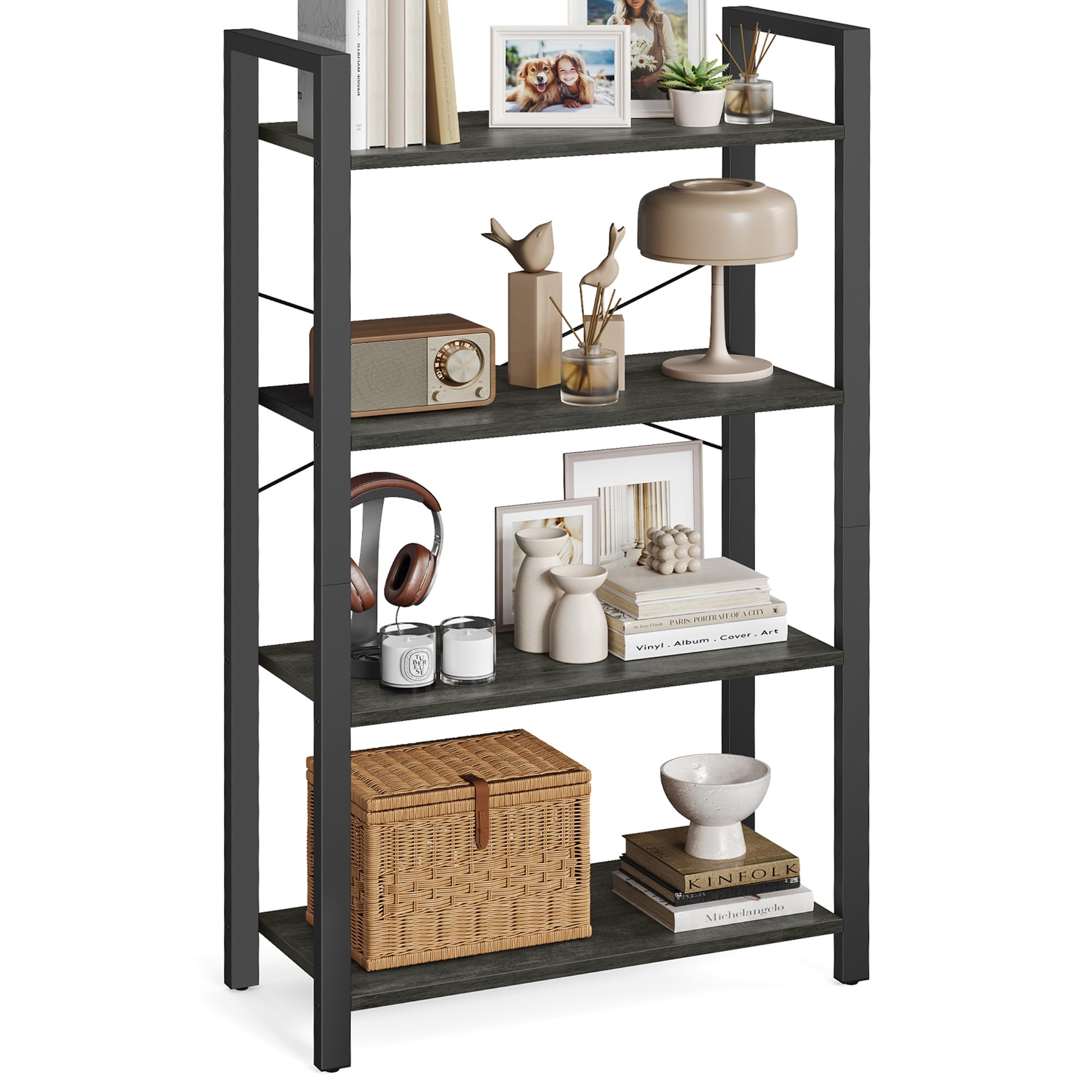 VASAGLE 4-Tier Bookshelf, Bookcase with Steel Frame, Book Shelf for Living Room, Home Office, Study, 11.8 x 26 x 47 Inches, Industrial Style, Charcoal Grey and Ink Black ULLS060B04