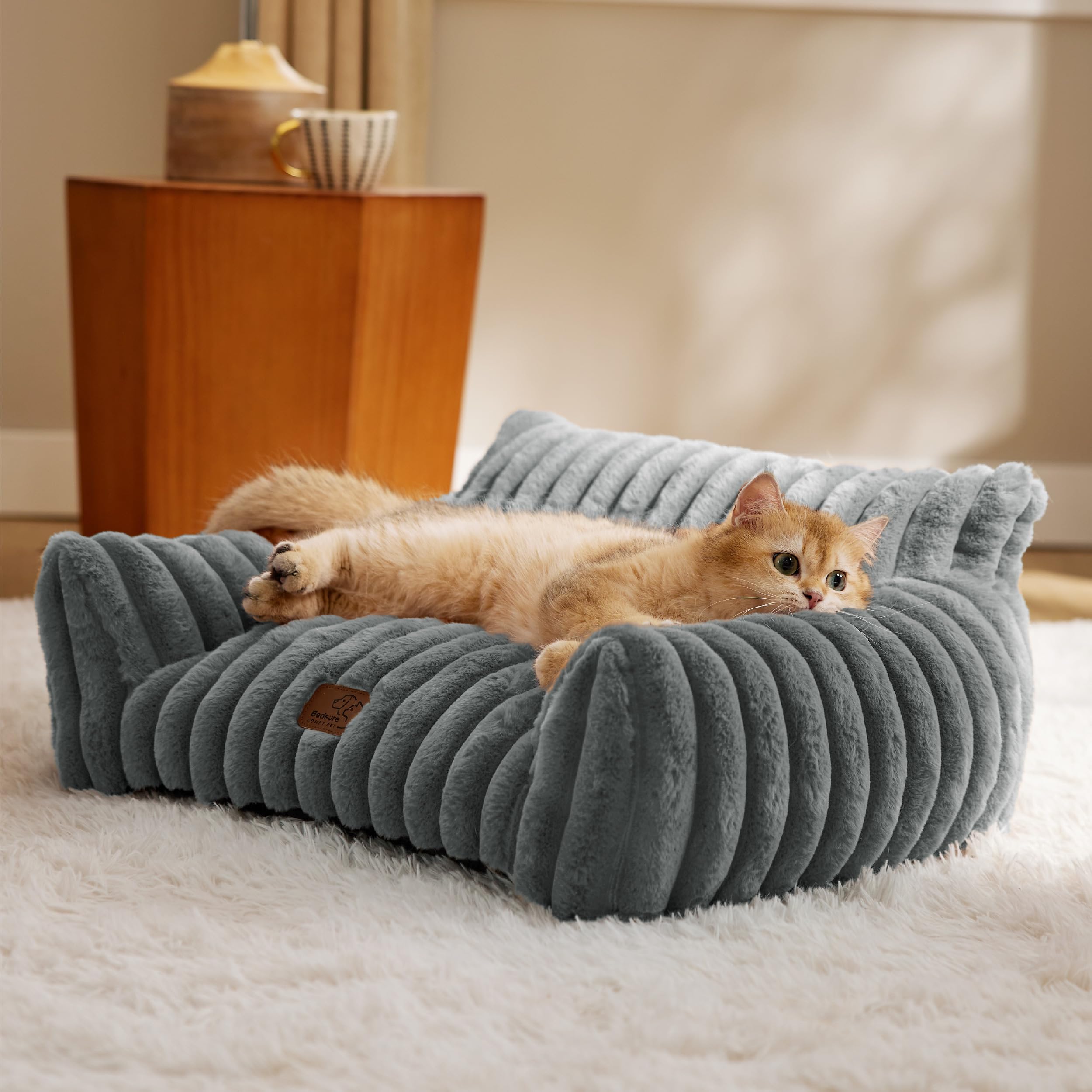 Bedsure ComfyFleece Cat Couch for Pets - Fluffy Cat Sofa with Premium Soft Corduroy Fleece, Fluffy Pet Couch Bed with Removable Washable Cover, Supportive Pet Chair for Indoor Cats, 24inch, Warm Grey | Cat Beds for Indoor Cats,Supportive Pet Sofa,Dog Couch Bed Seen on Good Day New York,Removable Washable Cover,Up to 10 Lbs