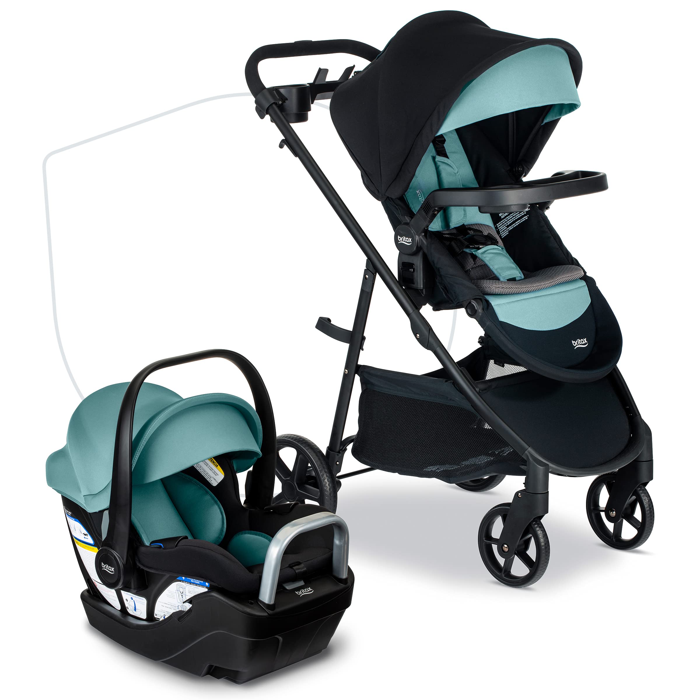 Britax Willow Brook S+ Travel System With Alpine Base — Jade Onyx | Car Seat Stroller Combo; Brook+ Stroller & Willow S Infant Car Seat; ClickTight; Stroller Insert; Parent & Child Trays
