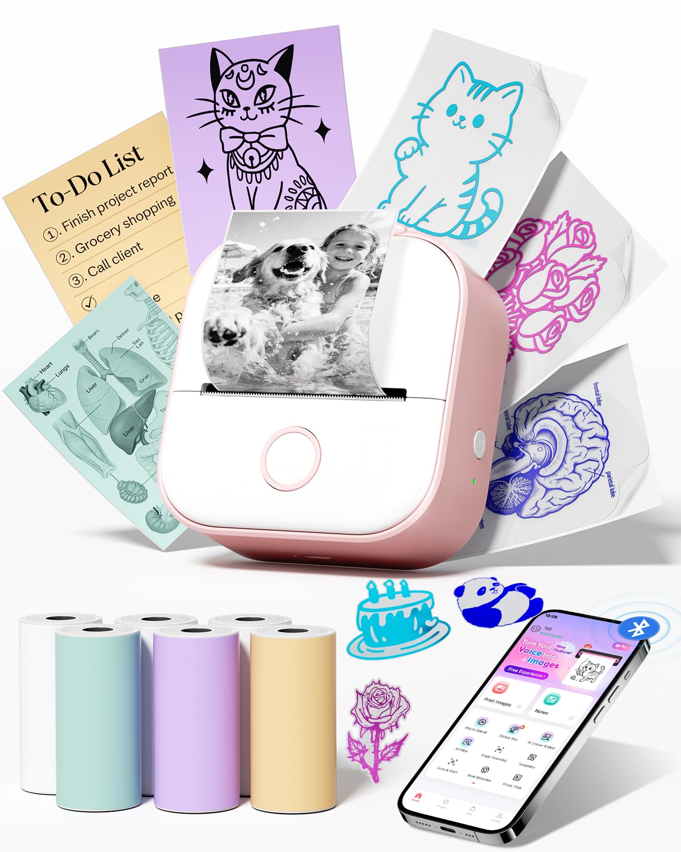 Memoking T02 Mini Sticker Printer with 6 Rolls
