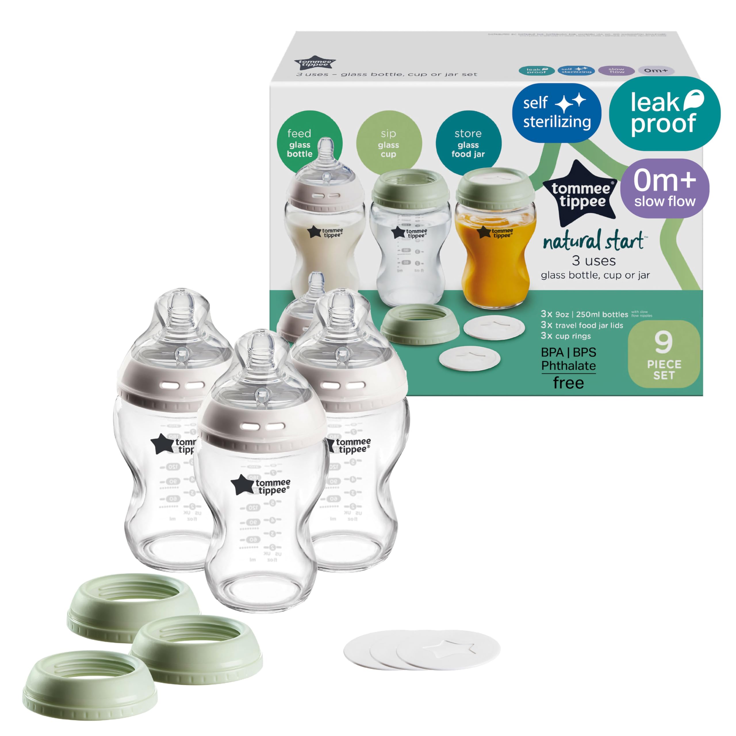 Tommee Tippee Natural Start 9 oz Glass Bottles, Pack of 3