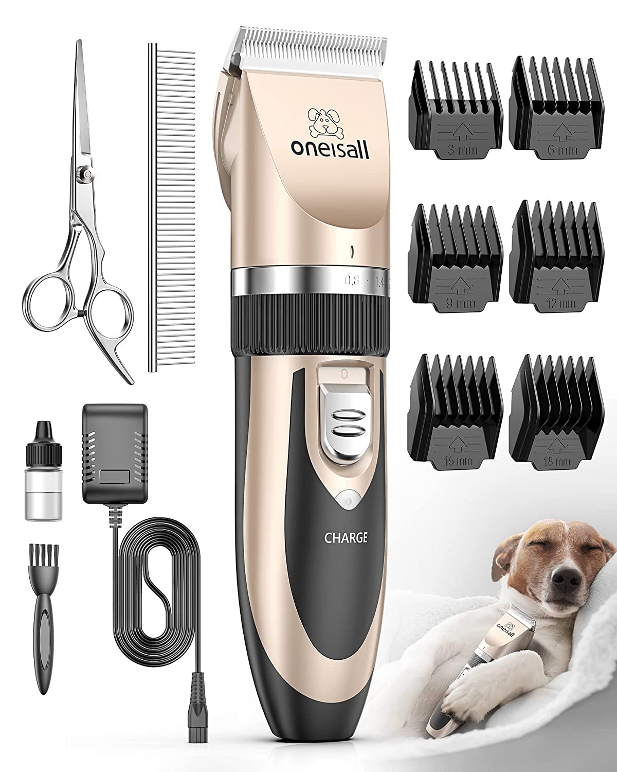 oneisall Dog Clippers Grooming Kit for Dogs Cats Pets | Low Noise, Rechargeable Cordless, Long Battery Life, Simple for Beginners, 6 Guide Combs, Removable & Rinsable Blade