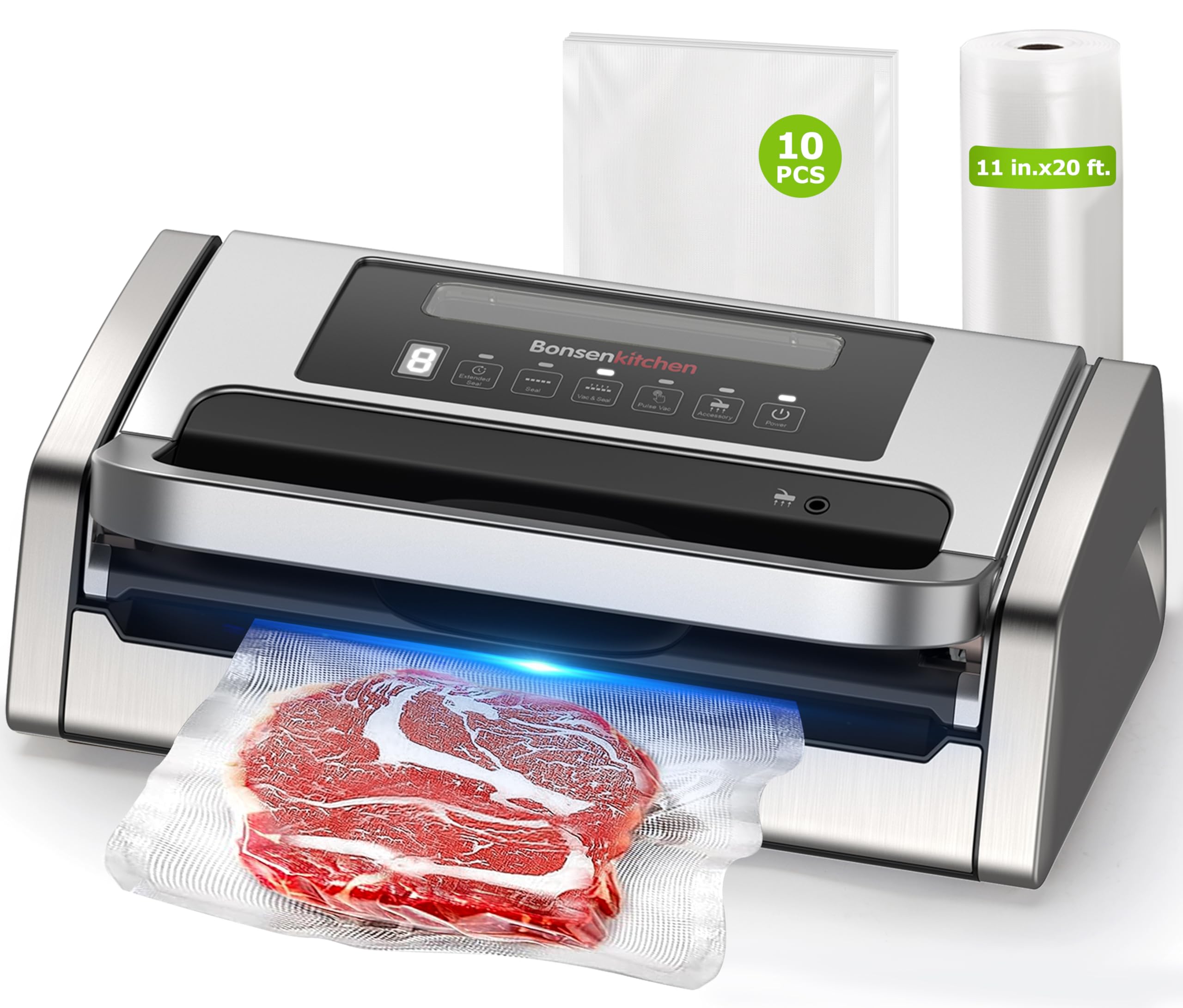 Bonsenkitchen Vacuum Sealer Machine, Powerful Low-Noise Food Vacuum Sealer, Globefish Technology for High-Speed Continuous Working (Full Silver)