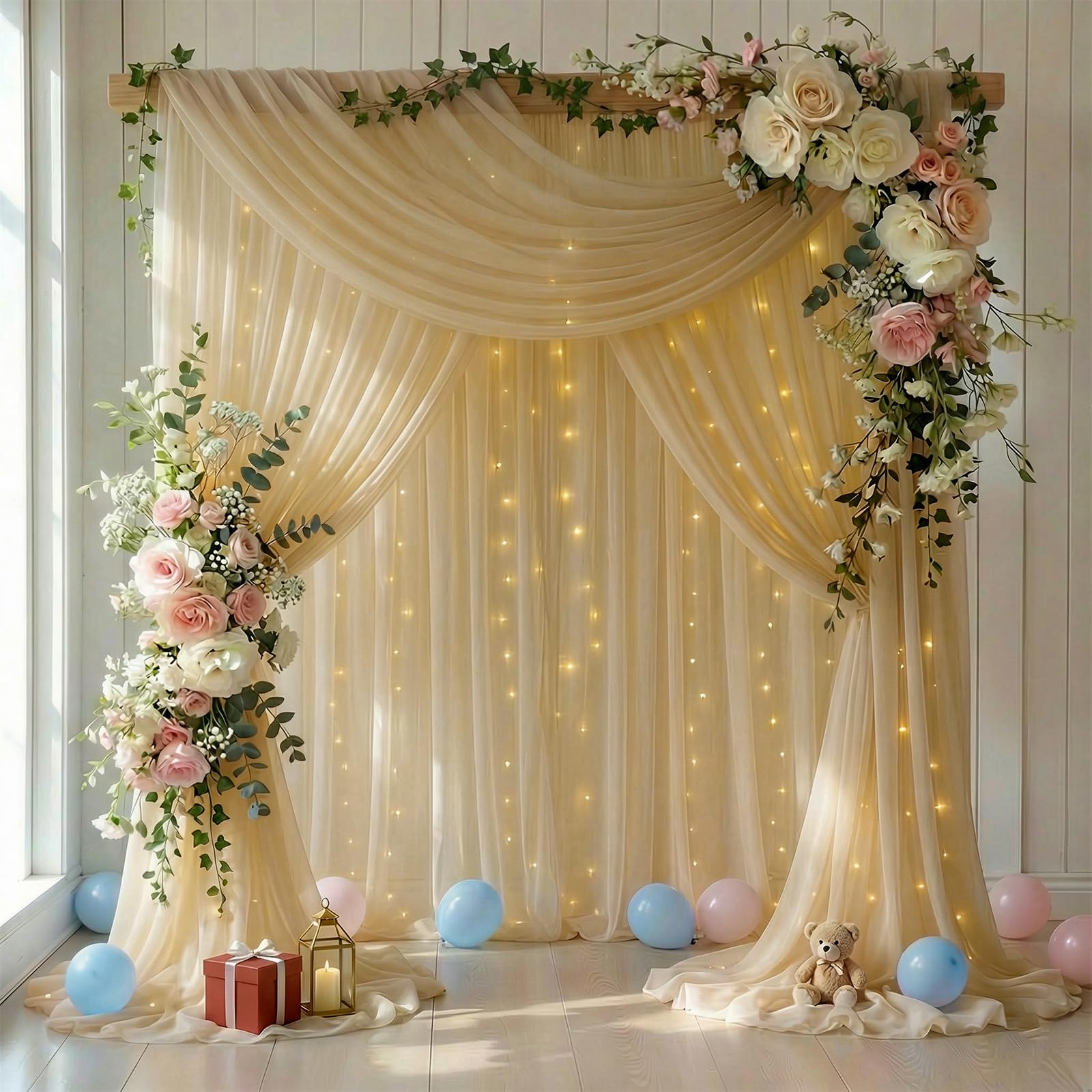 GALLETY Champagne 10×8FT Tulle Backdrop with Lights