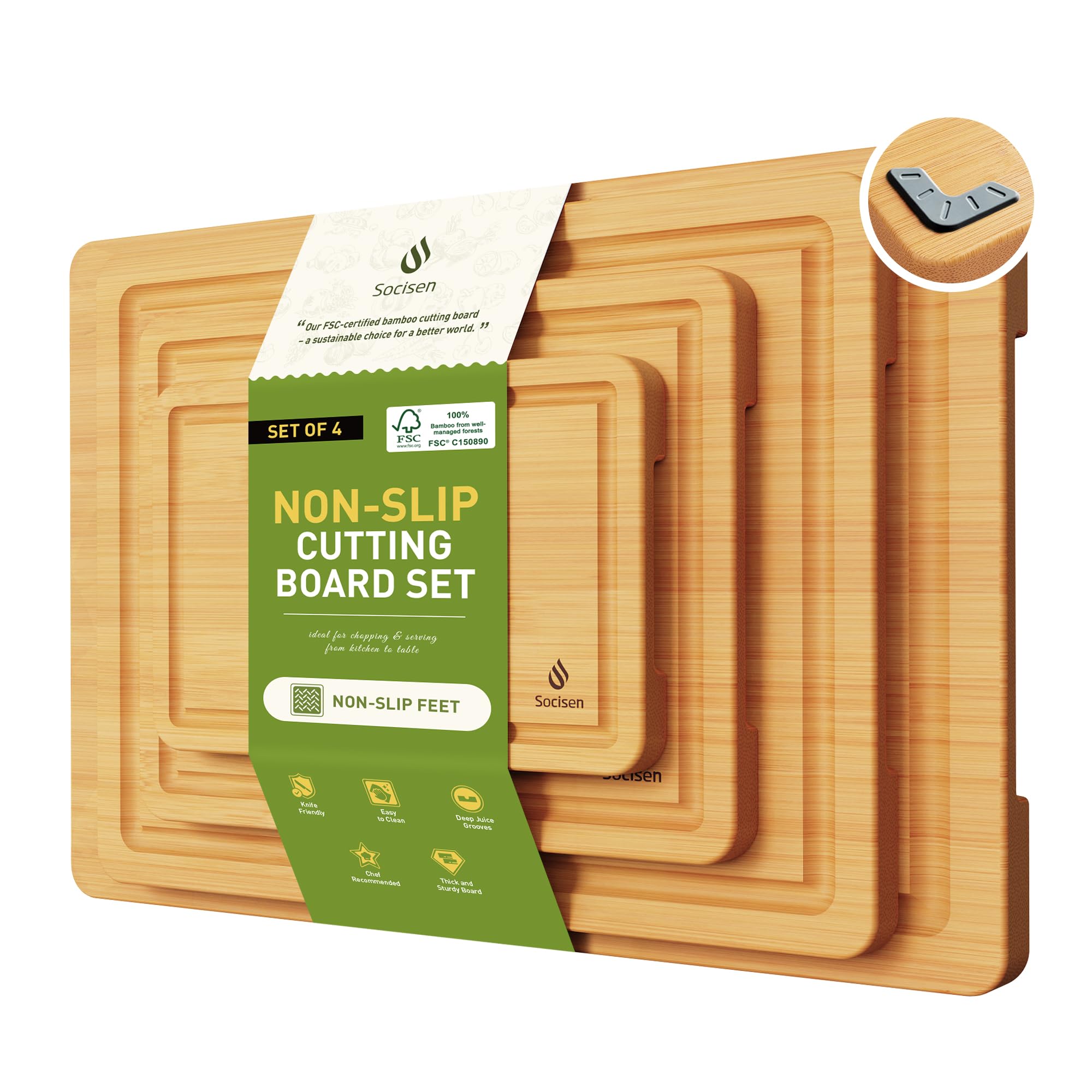 Bamboo Cutting Board Set with Handles and Grooves