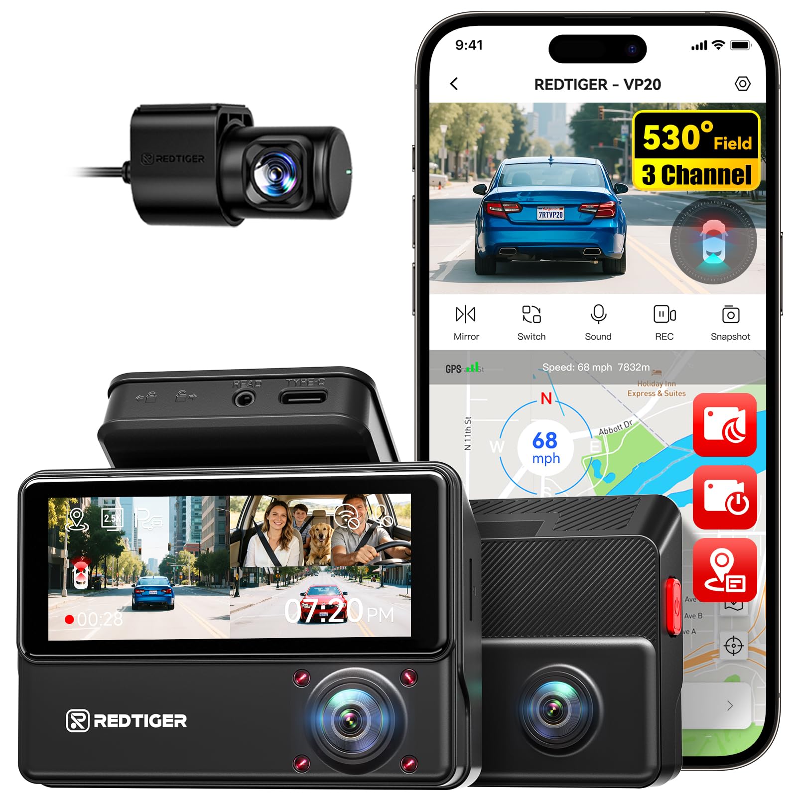 REDTIGER VP20 3 Channel Dash Cam