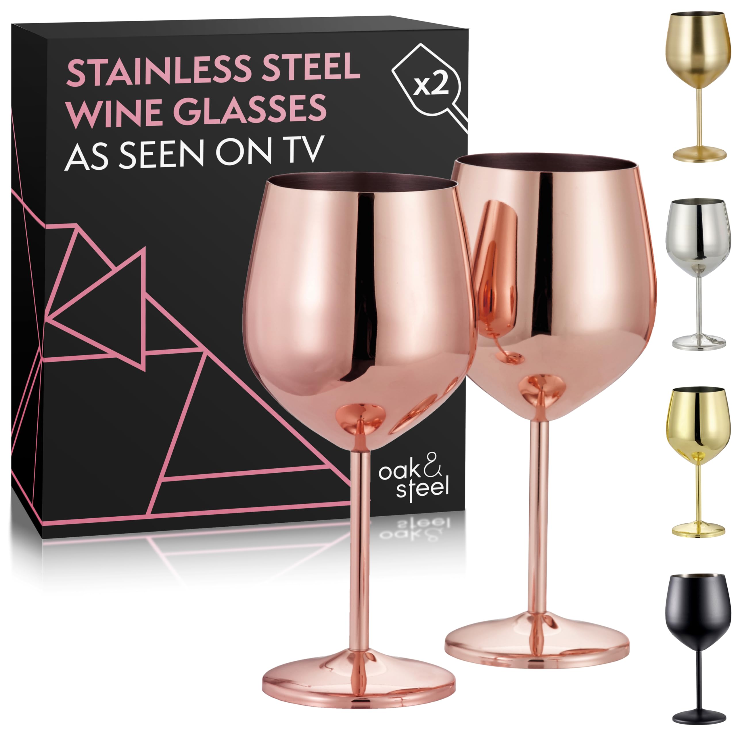 Oak & Steel - 2 Rose Gold Stainless Steel Wine Glasses (18 Oz) Unbreakable Metal Wine Glasses, Wine Goblets with Gift Box for House Warming, Valentines, Anniversary