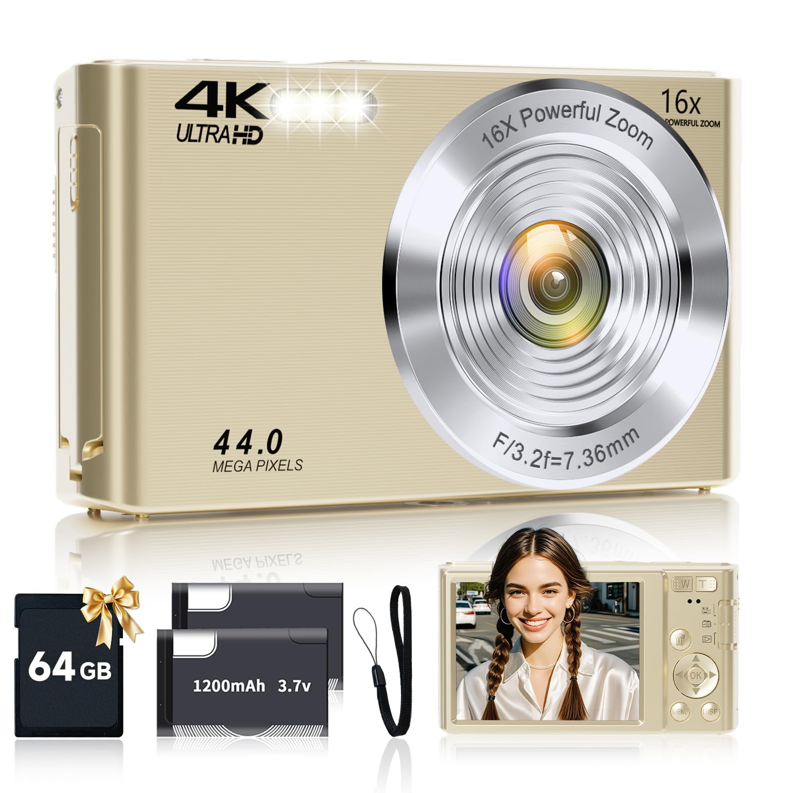 44MP 4K Autofocus Digital Camera, Gold