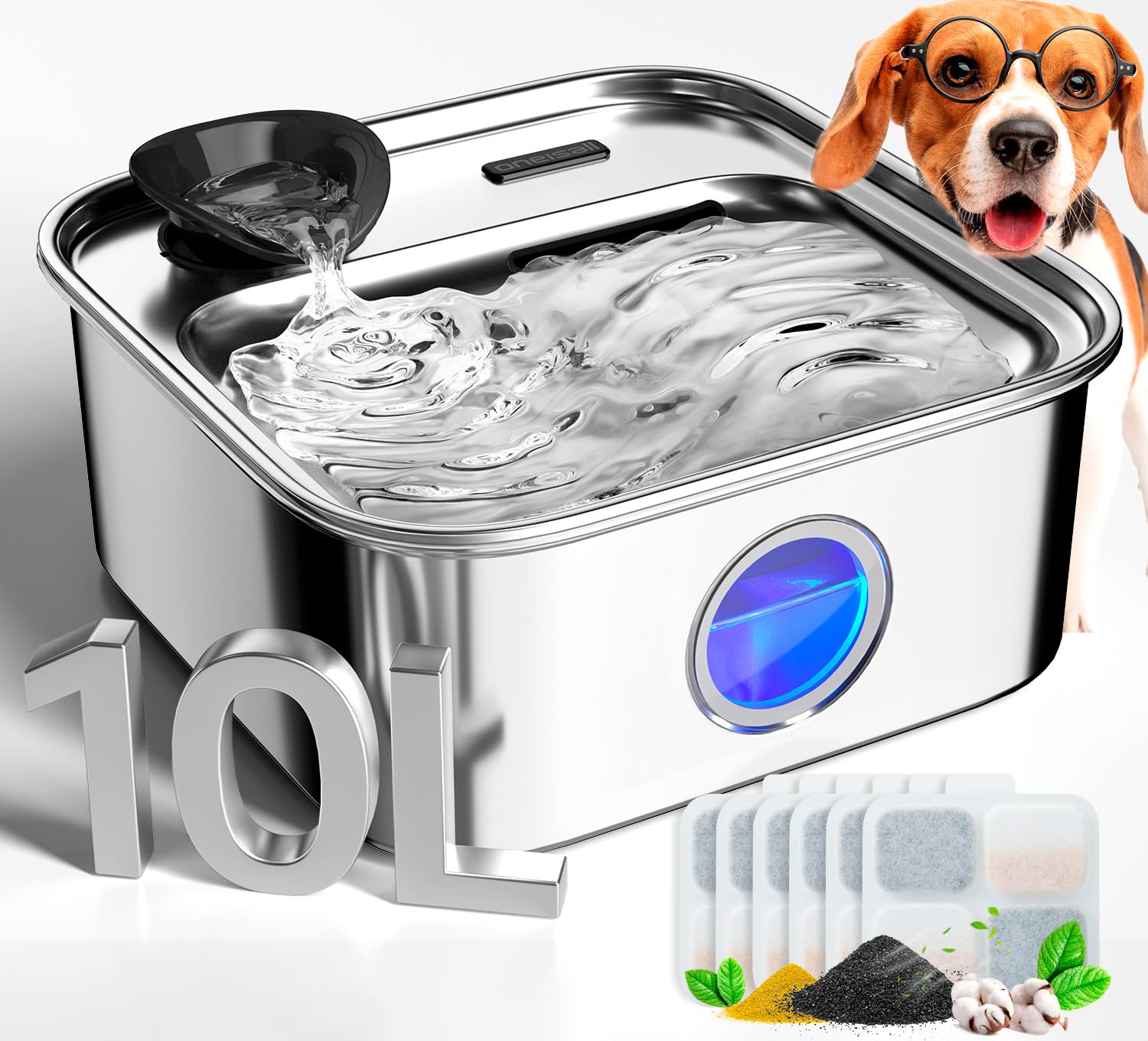 oneisall 10L/2.6Gal Dog Water Fountain for Large Dogs (with 5 Filters) | Deeper & Wider Drinking Area, Visualization Water Window & Triple Filtration,304 Stainless Steel