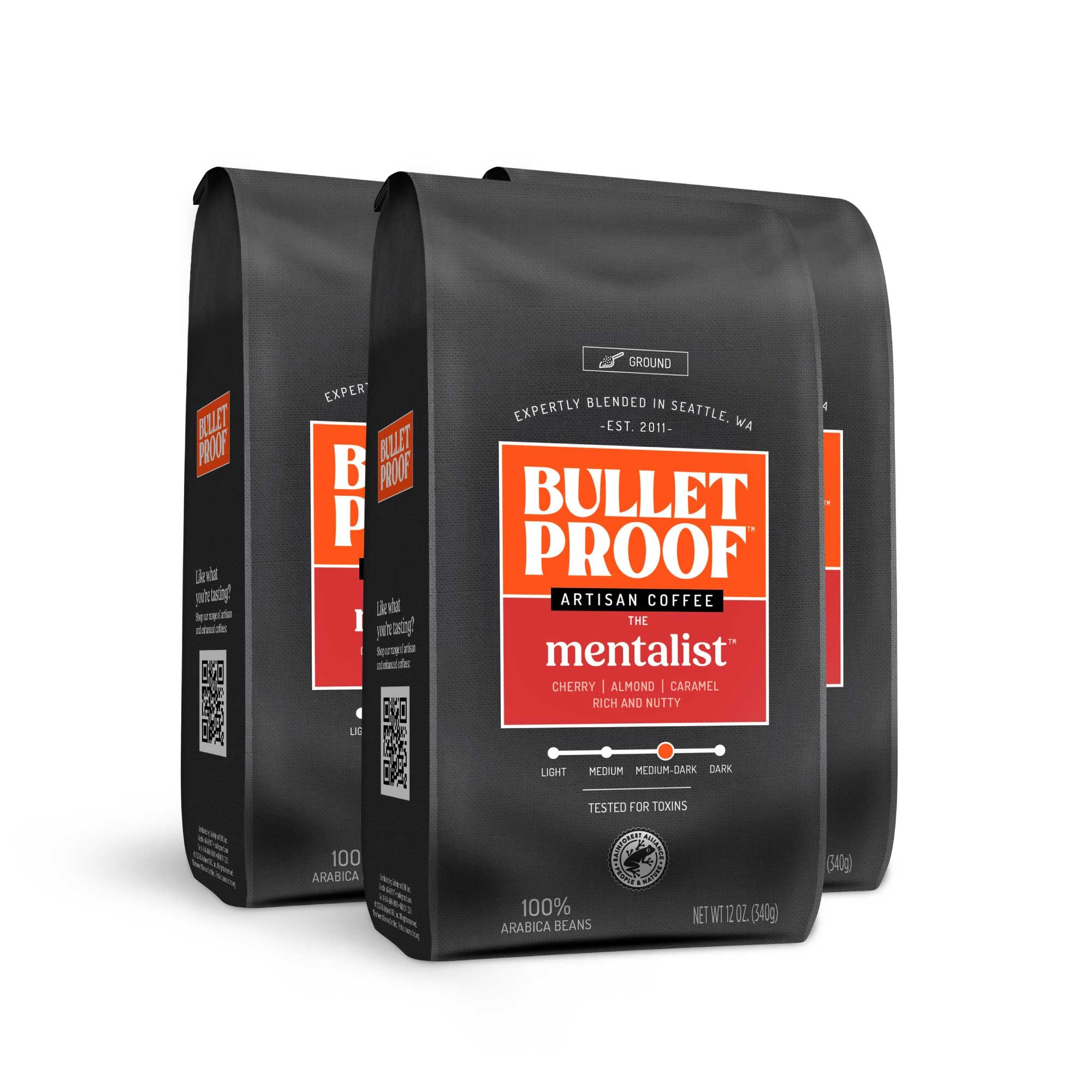 Bulletproof The Mentalist Medium-Dark Roast Ground Coffee, 12 Ounces (Pack of 3), 100% Arabica Beans, Clean Coffee Tested for Toxins