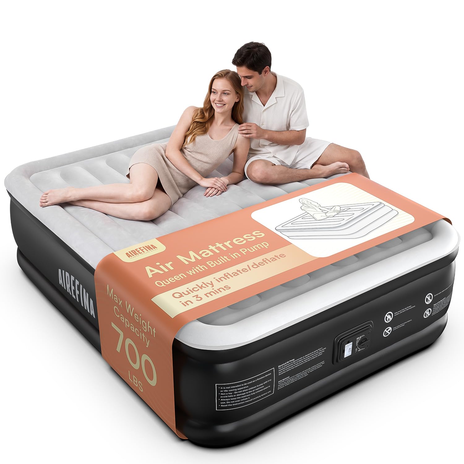 Airefina Queen Air Mattress with Built in Pump, Airbed Colchones Inflables