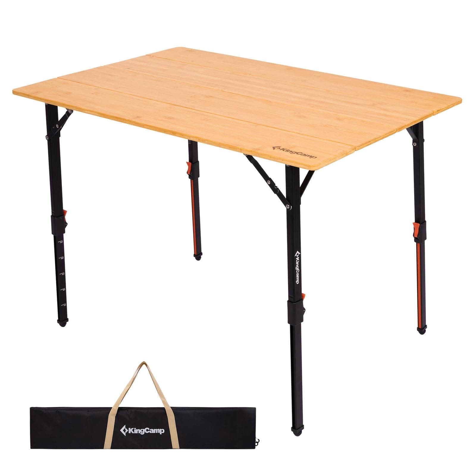 KingCamp 4-Fold Bamboo Camping Table with Serrated Adjustable Legs (16.5" to 27.6"), Heavy-Duty Aluminum Frame & Carry Bag for Outdoor, RV, Picnic, Beach