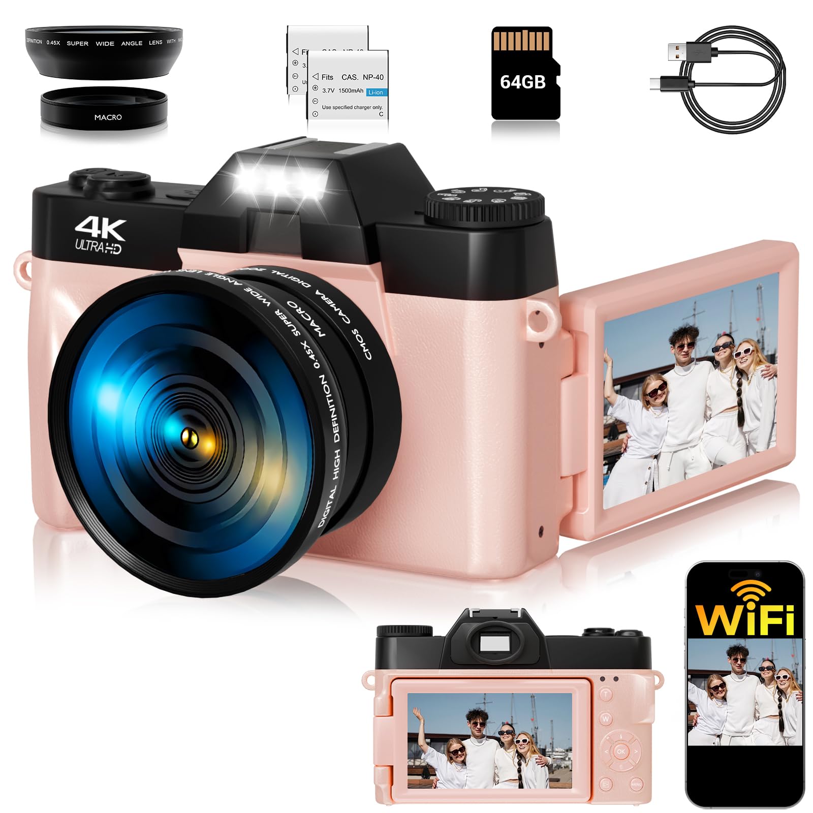 4K 75MP WiFi Vlogging Camera, Pink