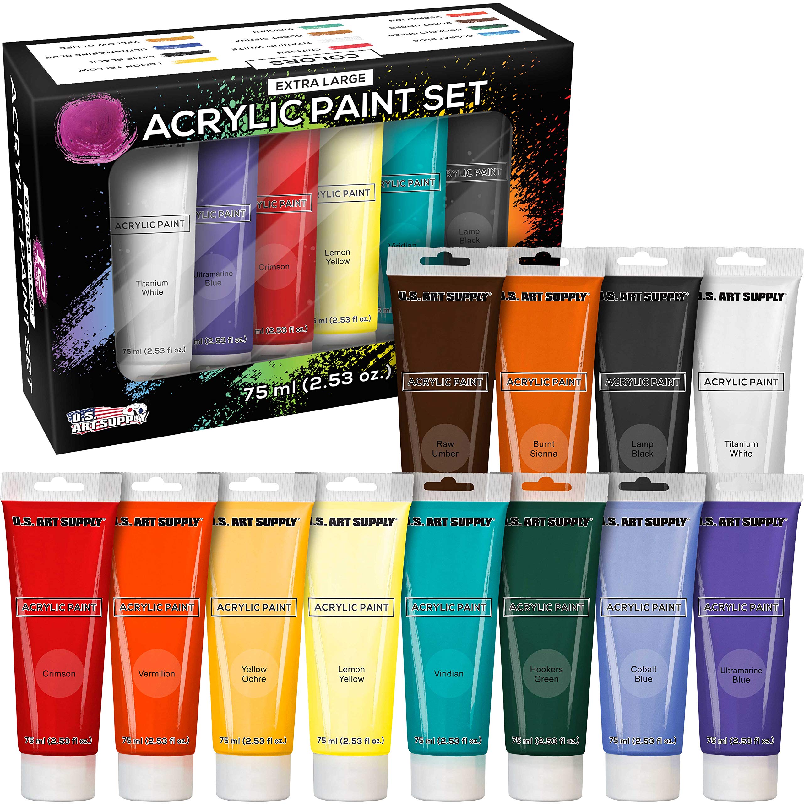 U.S. Art Supply 12-Color Acrylic Paint Set, 75 ml