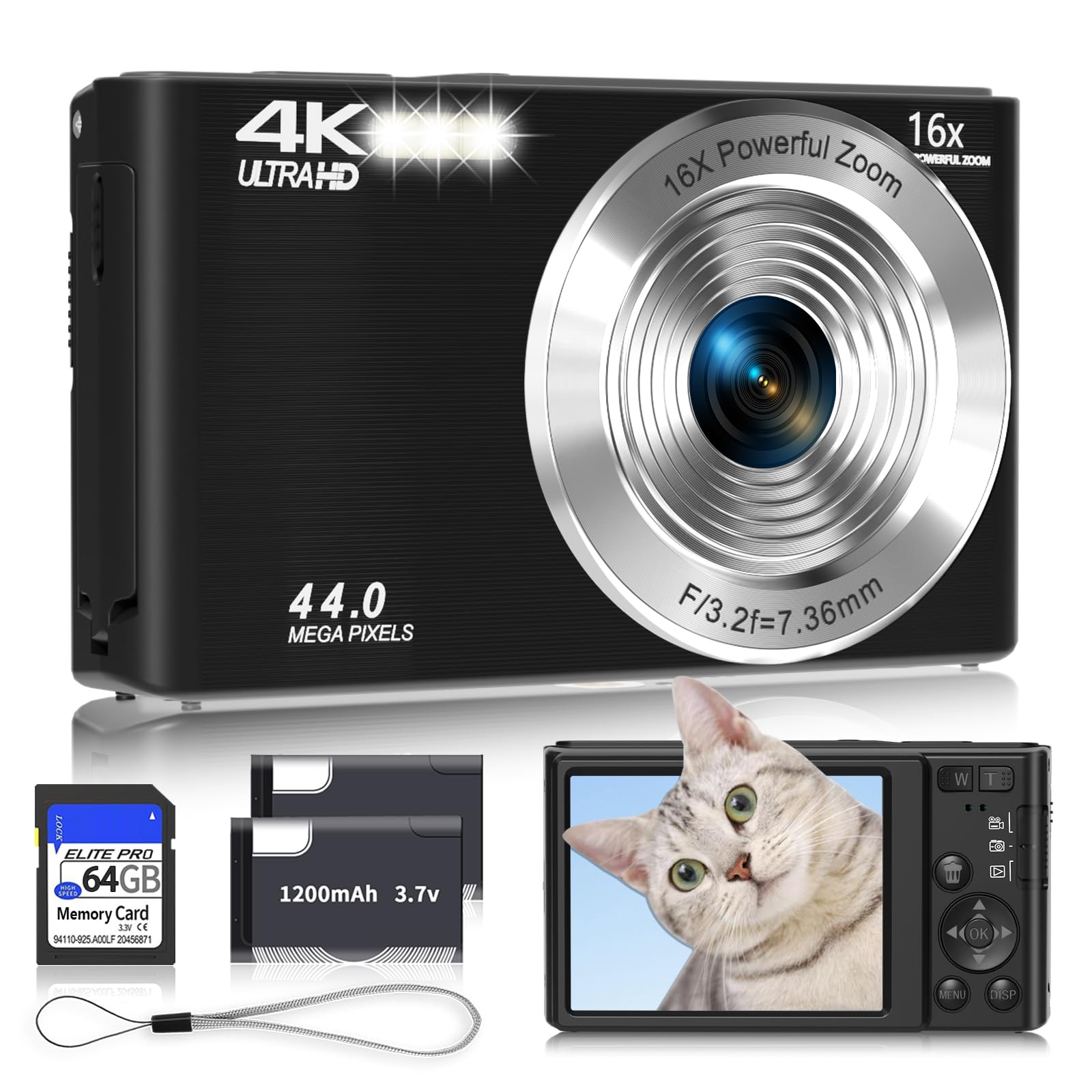 44MP 4K Autofocus Digital Camera, Black