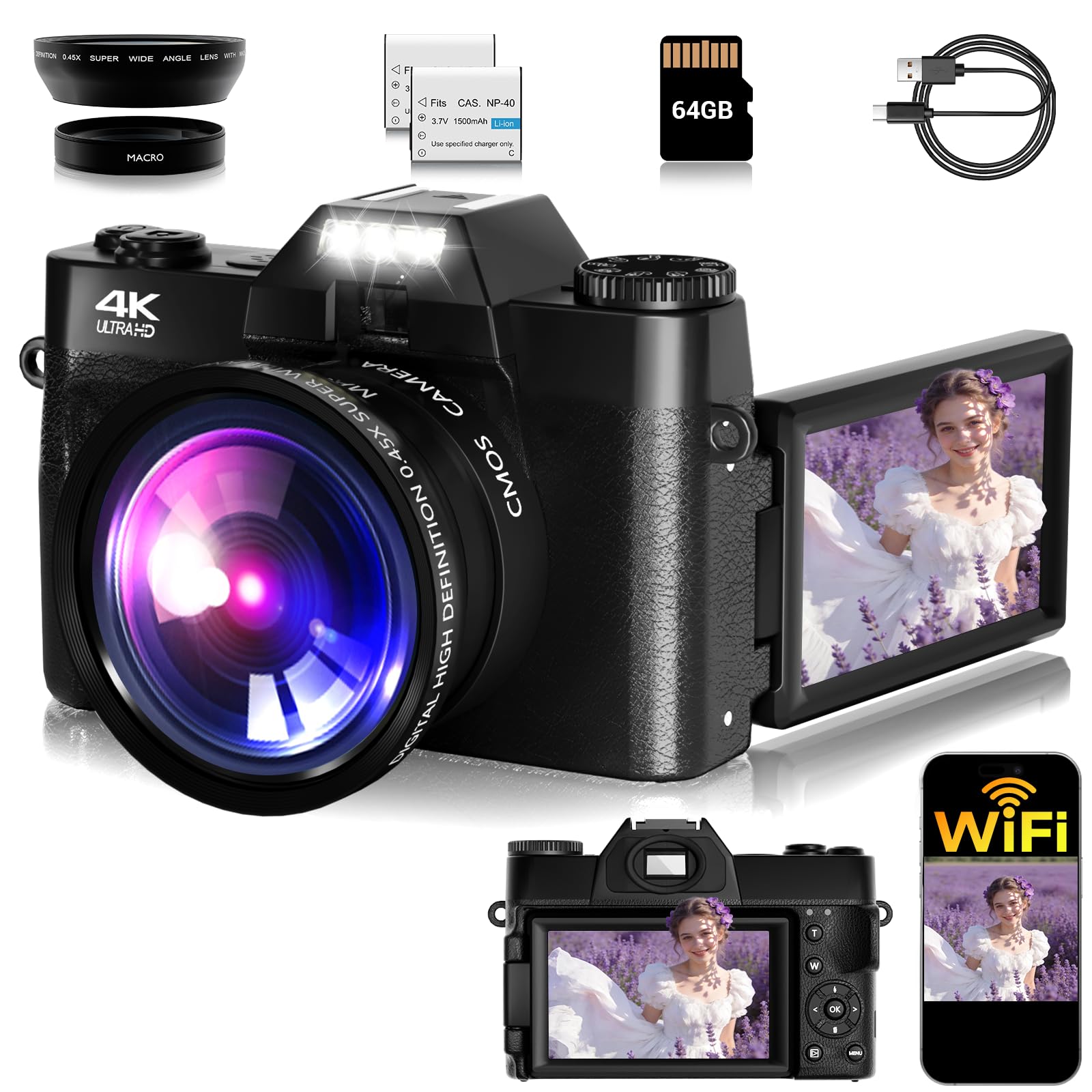 75MP WiFi 4K Vlogging Camera, Black
