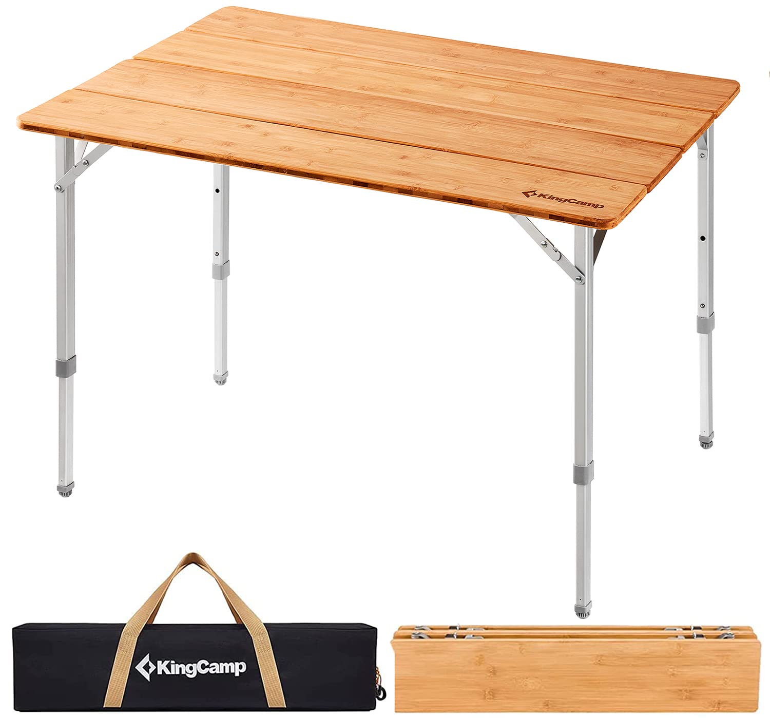 KingCamp Adjustable Height Folding Table, 4-Fold Bamboo Camping Outdoor Portable RV Camp Table with Carry Bag for Outdoor Car Backyard Picnic Tailgating Beach