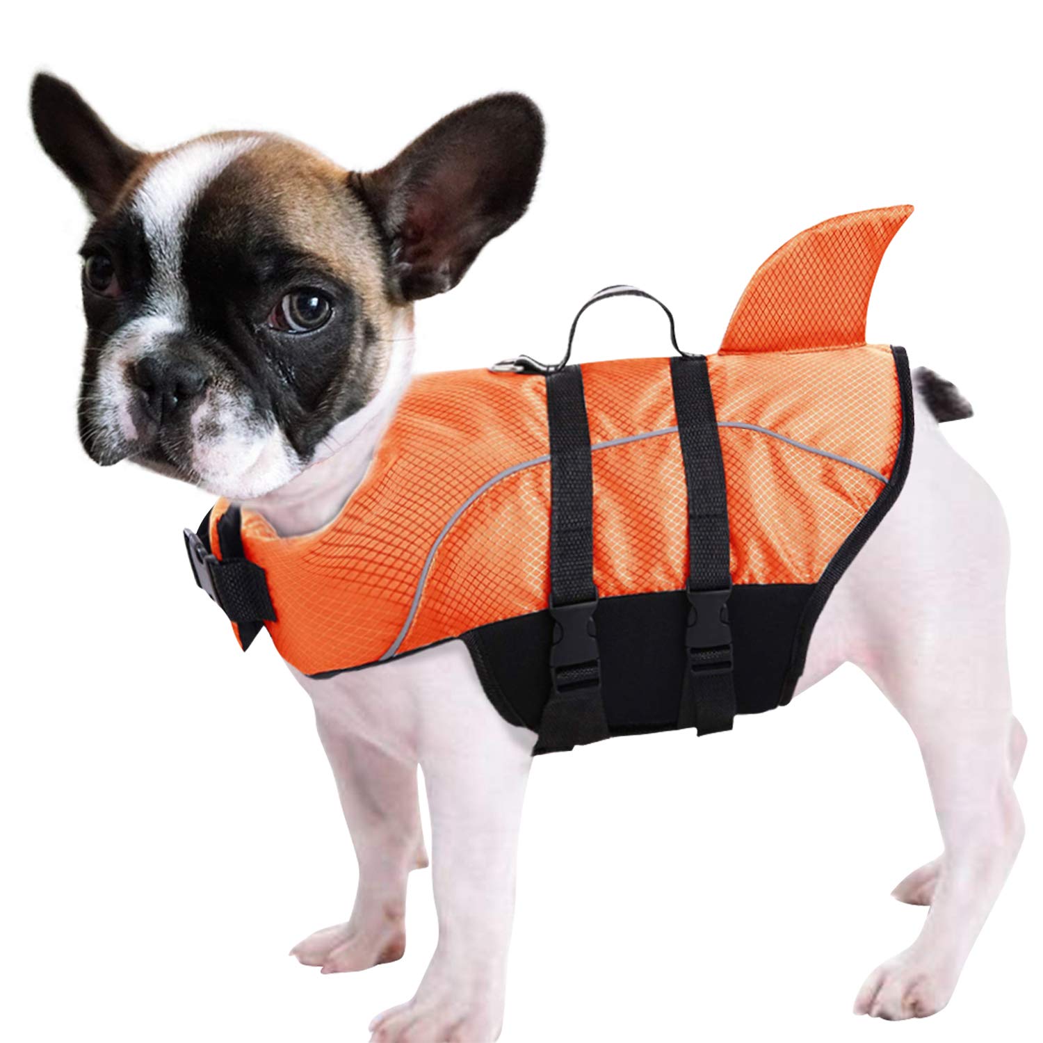 Queenmore Ripstop Dog Life Jacket Shark Life Vest for Dogs, Safety Lifesaver with High Buoyancy and Lift Handle for Small and Medium Breeds(Orange L)