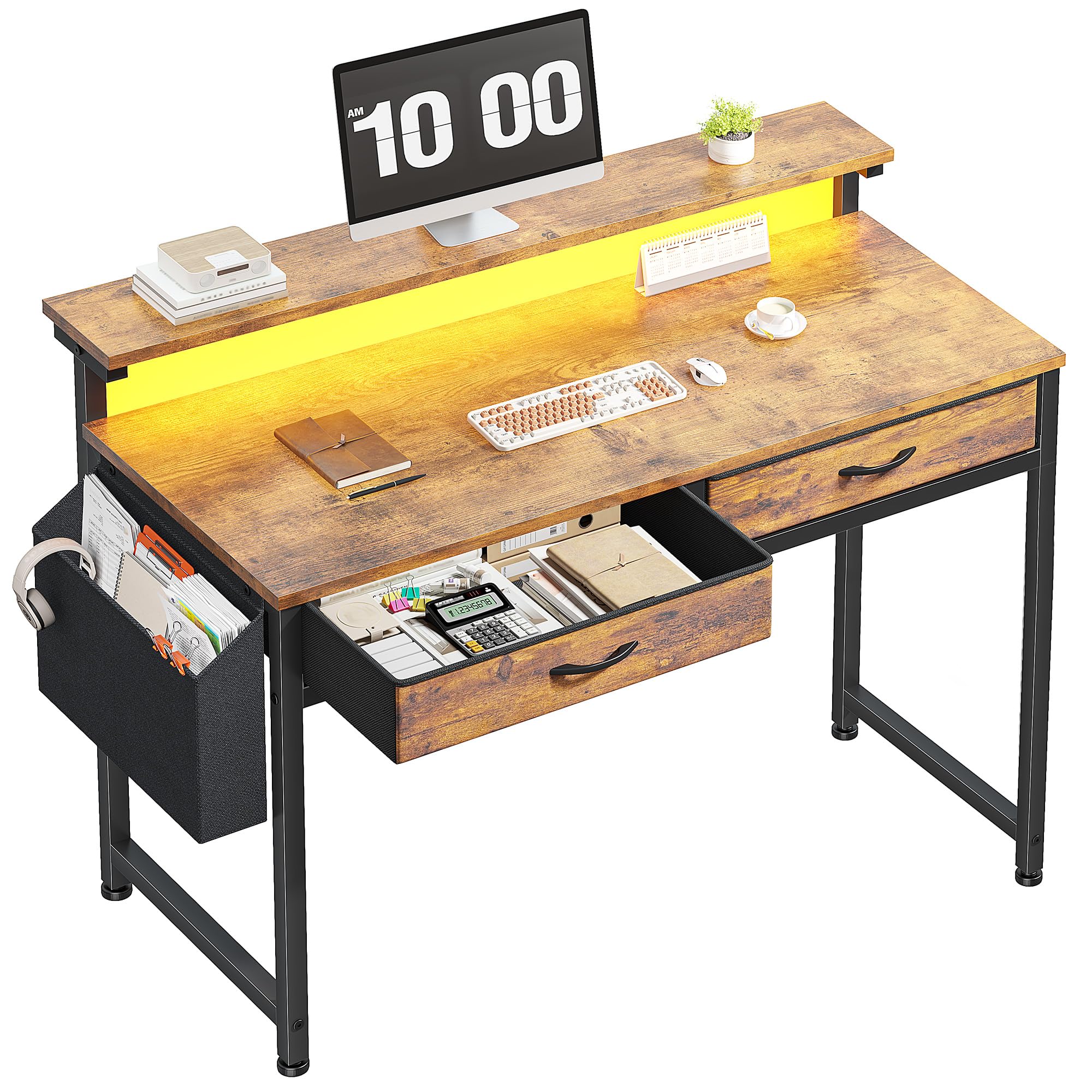 39.4-Inch Gaming Desk with LED Lights and Drawers